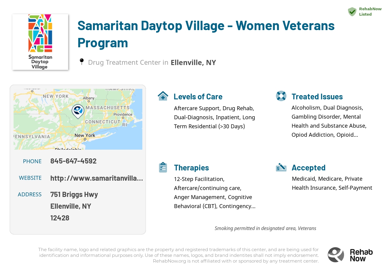 Helpful reference information for Samaritan Daytop Village - Women Veterans Program, a drug treatment center in New York located at: 751 Briggs Hwy, Ellenville, NY 12428, including phone numbers, official website, and more. Listed briefly is an overview of Levels of Care, Therapies Offered, Issues Treated, and accepted forms of Payment Methods.