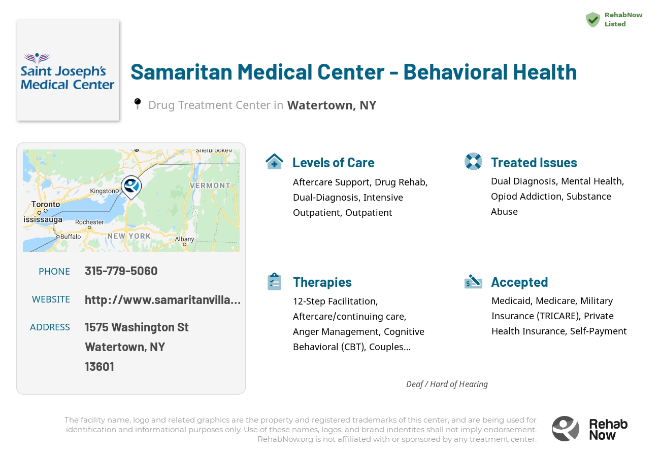 Helpful reference information for Samaritan Medical Center - Behavioral Health, a drug treatment center in New York located at: 1575 Washington St, Watertown, NY 13601, including phone numbers, official website, and more. Listed briefly is an overview of Levels of Care, Therapies Offered, Issues Treated, and accepted forms of Payment Methods.