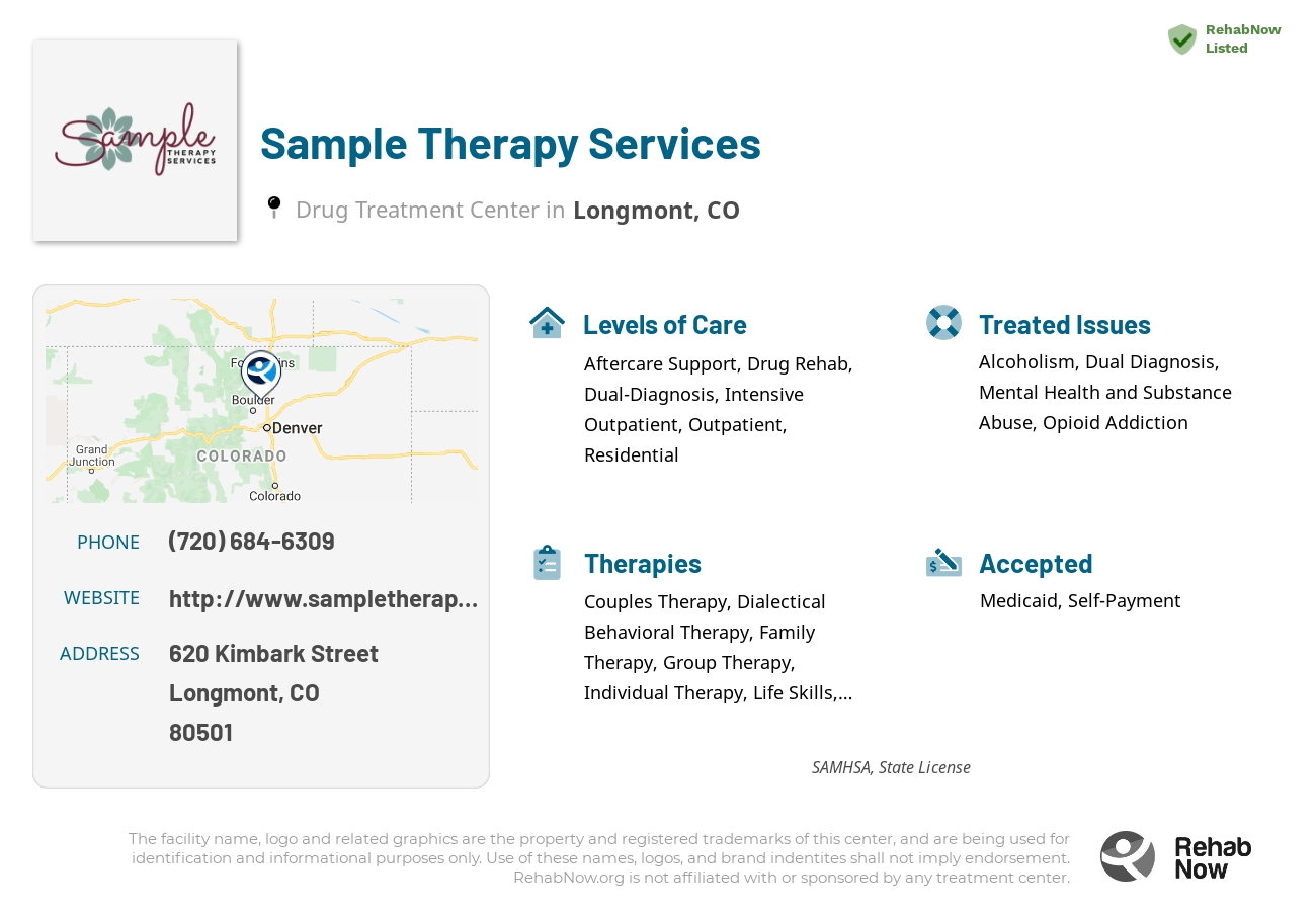 Helpful reference information for Sample Therapy Services, a drug treatment center in Colorado located at: 620 Kimbark Street, Longmont, CO, 80501, including phone numbers, official website, and more. Listed briefly is an overview of Levels of Care, Therapies Offered, Issues Treated, and accepted forms of Payment Methods.