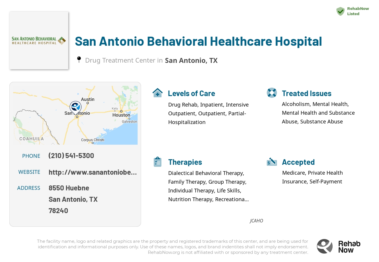 Helpful reference information for San Antonio Behavioral Healthcare Hospital, a drug treatment center in Texas located at: 8550 Huebne, San Antonio, TX, 78240, including phone numbers, official website, and more. Listed briefly is an overview of Levels of Care, Therapies Offered, Issues Treated, and accepted forms of Payment Methods.