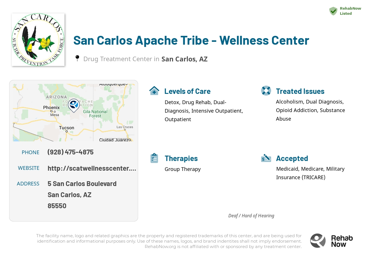 Helpful reference information for San Carlos Apache Tribe - Wellness Center, a drug treatment center in Arizona located at: 5 5 San Carlos Boulevard, San Carlos, AZ 85550, including phone numbers, official website, and more. Listed briefly is an overview of Levels of Care, Therapies Offered, Issues Treated, and accepted forms of Payment Methods.