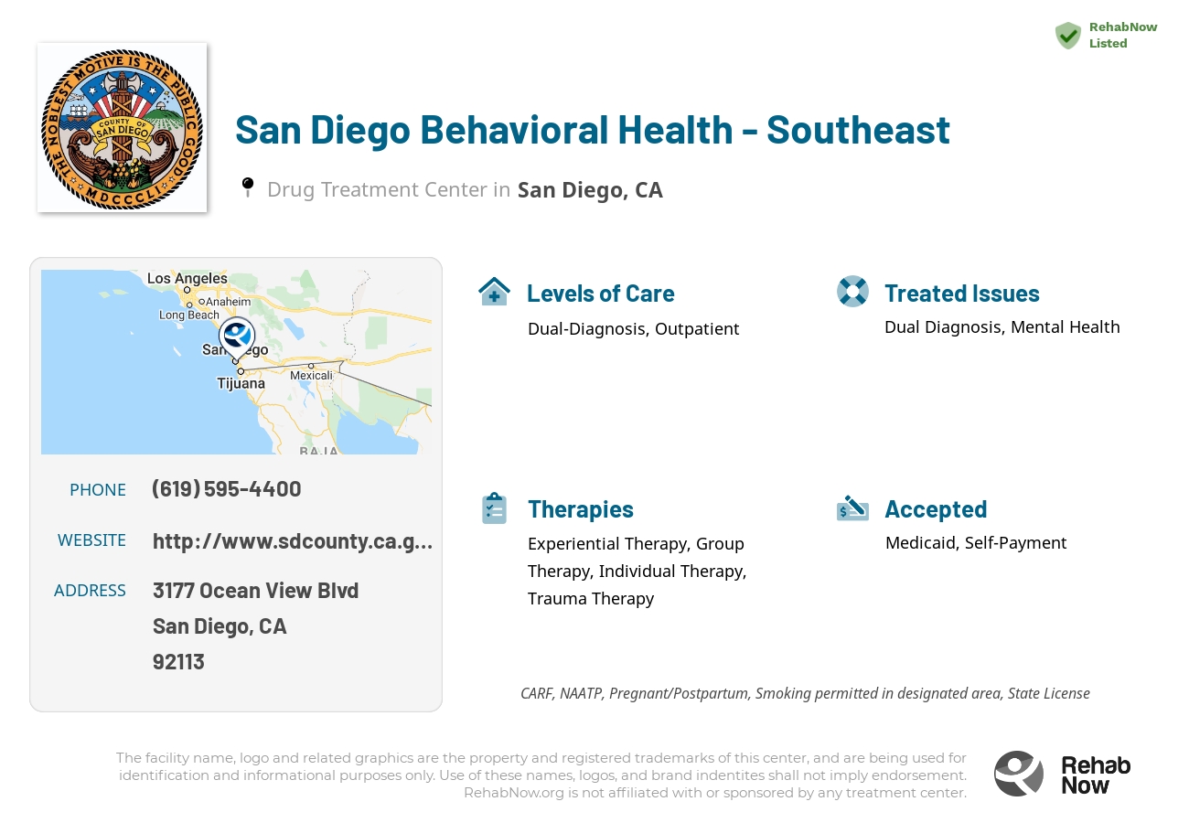 Helpful reference information for San Diego Behavioral Health - Southeast, a drug treatment center in California located at: 3177 Ocean View Blvd, San Diego, CA 92113, including phone numbers, official website, and more. Listed briefly is an overview of Levels of Care, Therapies Offered, Issues Treated, and accepted forms of Payment Methods.
