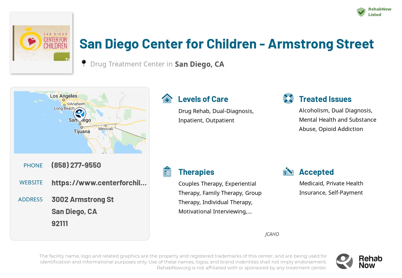 Helpful reference information for San Diego Center for Children - Armstrong Street, a drug treatment center in California located at: 3002 Armstrong St, San Diego, CA 92111, including phone numbers, official website, and more. Listed briefly is an overview of Levels of Care, Therapies Offered, Issues Treated, and accepted forms of Payment Methods.