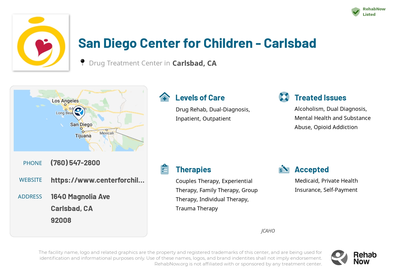 Helpful reference information for San Diego Center for Children - Carlsbad, a drug treatment center in California located at: 1640 Magnolia Ave, Carlsbad, CA 92008, including phone numbers, official website, and more. Listed briefly is an overview of Levels of Care, Therapies Offered, Issues Treated, and accepted forms of Payment Methods.