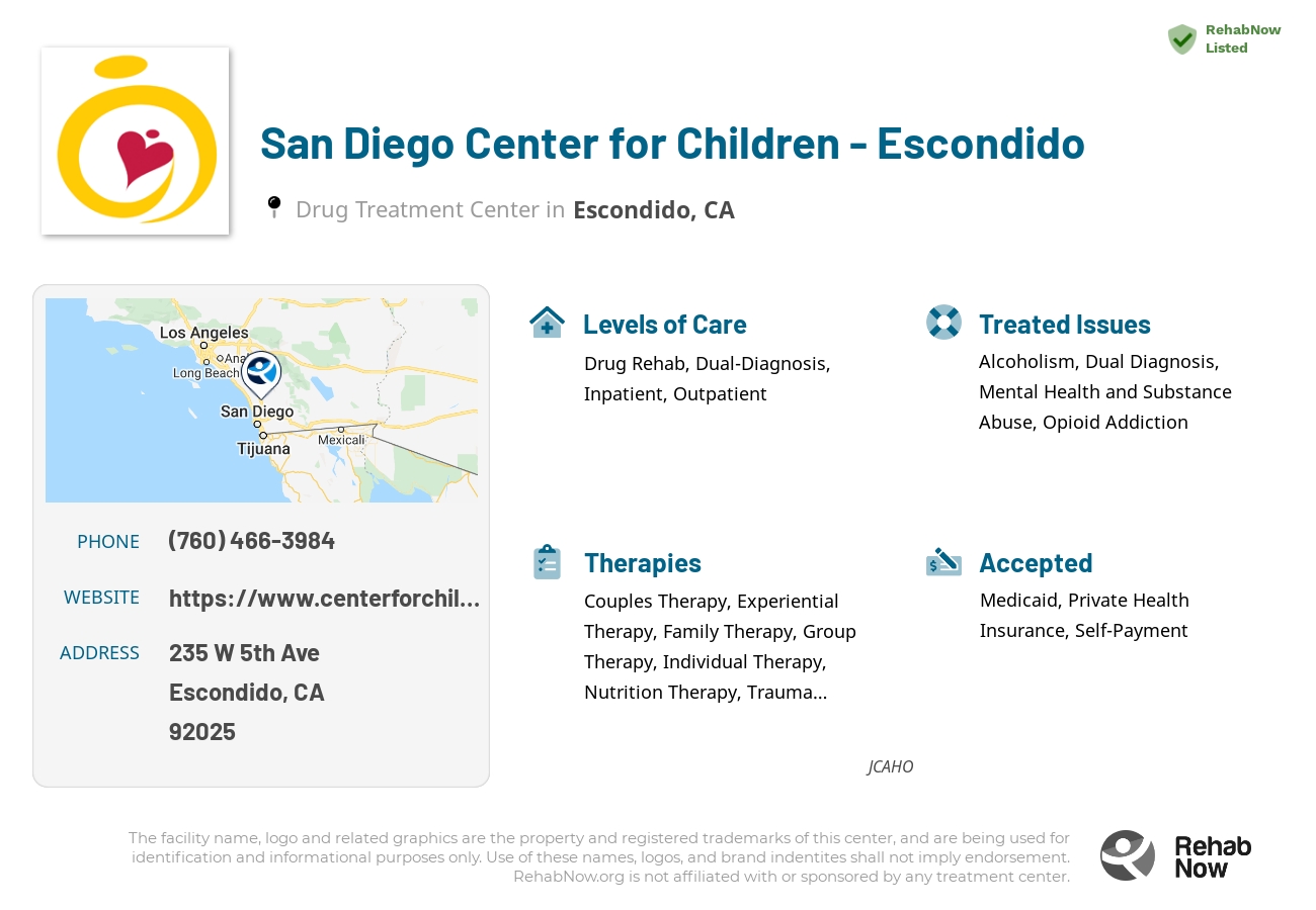 Helpful reference information for San Diego Center for Children - Escondido, a drug treatment center in California located at: 235 W 5th Ave, Escondido, CA 92025, including phone numbers, official website, and more. Listed briefly is an overview of Levels of Care, Therapies Offered, Issues Treated, and accepted forms of Payment Methods.