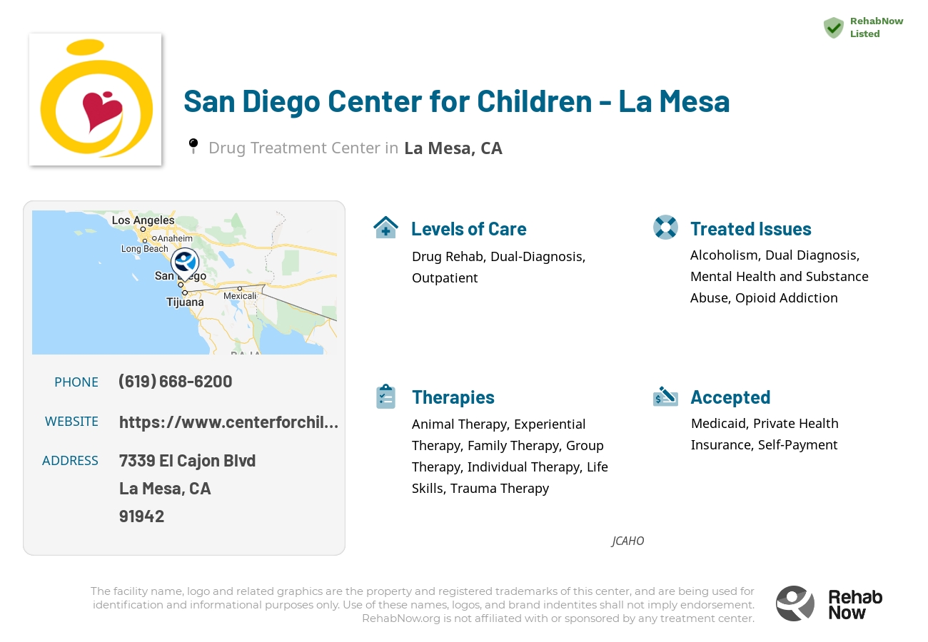 Helpful reference information for San Diego Center for Children - La Mesa, a drug treatment center in California located at: 7339 El Cajon Blvd, La Mesa, CA 91942, including phone numbers, official website, and more. Listed briefly is an overview of Levels of Care, Therapies Offered, Issues Treated, and accepted forms of Payment Methods.