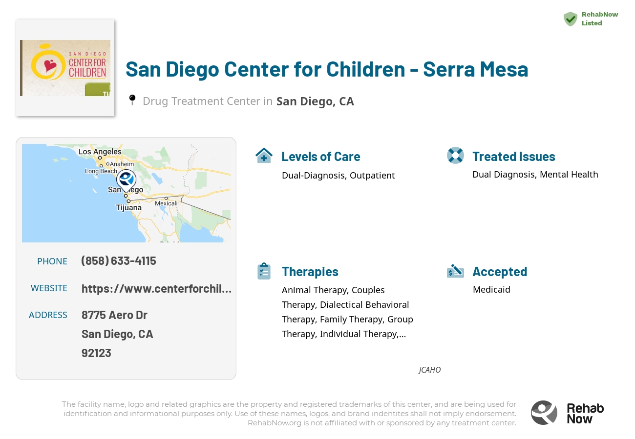 Helpful reference information for San Diego Center for Children - Serra Mesa, a drug treatment center in California located at: 8775 Aero Dr, San Diego, CA 92123, including phone numbers, official website, and more. Listed briefly is an overview of Levels of Care, Therapies Offered, Issues Treated, and accepted forms of Payment Methods.