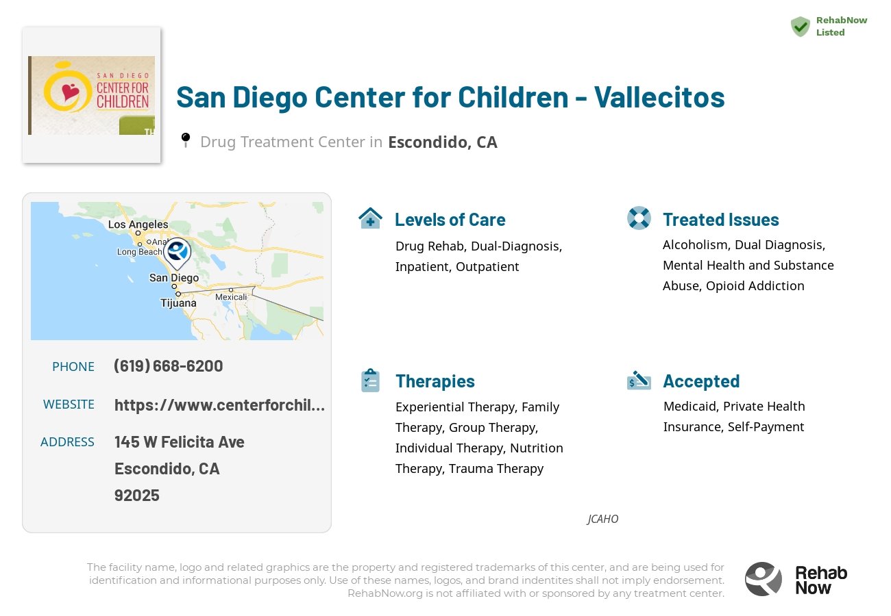 Helpful reference information for San Diego Center for Children - Vallecitos, a drug treatment center in California located at: 145 W Felicita Ave, Escondido, CA 92025, including phone numbers, official website, and more. Listed briefly is an overview of Levels of Care, Therapies Offered, Issues Treated, and accepted forms of Payment Methods.