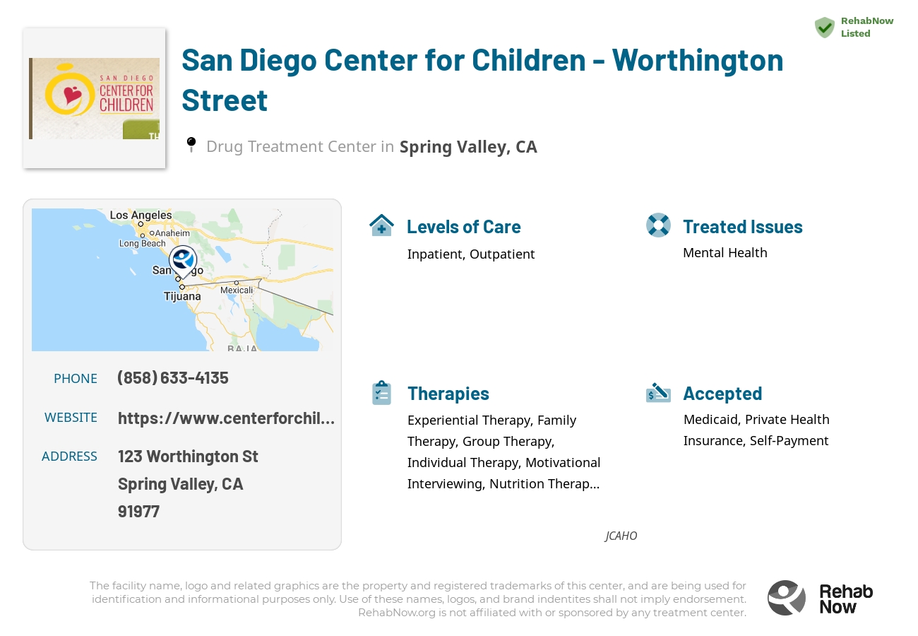 Helpful reference information for San Diego Center for Children - Worthington Street, a drug treatment center in California located at: 123 Worthington St, Spring Valley, CA 91977, including phone numbers, official website, and more. Listed briefly is an overview of Levels of Care, Therapies Offered, Issues Treated, and accepted forms of Payment Methods.