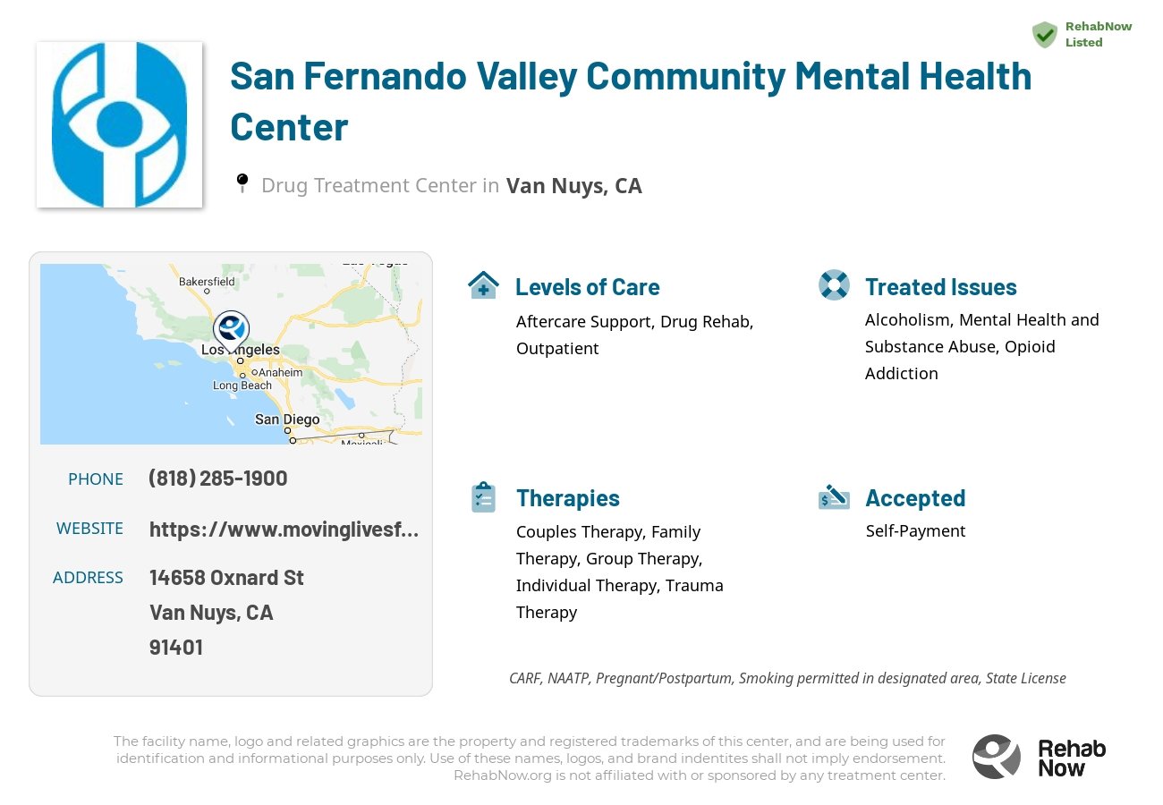Helpful reference information for San Fernando Valley Community Mental Health Center, a drug treatment center in California located at: 14658 Oxnard St, Van Nuys, CA 91401, including phone numbers, official website, and more. Listed briefly is an overview of Levels of Care, Therapies Offered, Issues Treated, and accepted forms of Payment Methods.