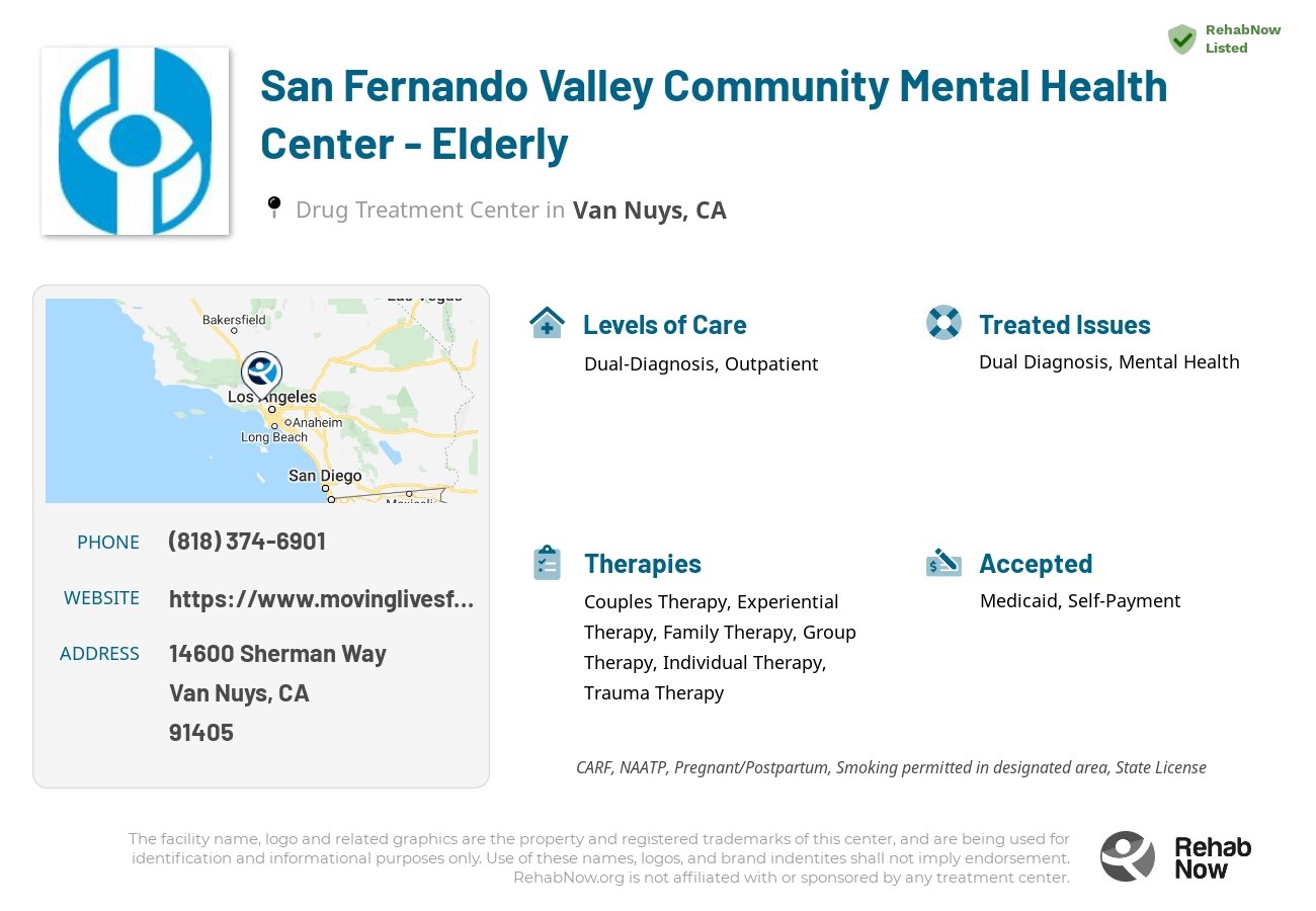 Helpful reference information for San Fernando Valley Community Mental Health Center - Elderly, a drug treatment center in California located at: 14600 Sherman Way, Van Nuys, CA 91405, including phone numbers, official website, and more. Listed briefly is an overview of Levels of Care, Therapies Offered, Issues Treated, and accepted forms of Payment Methods.