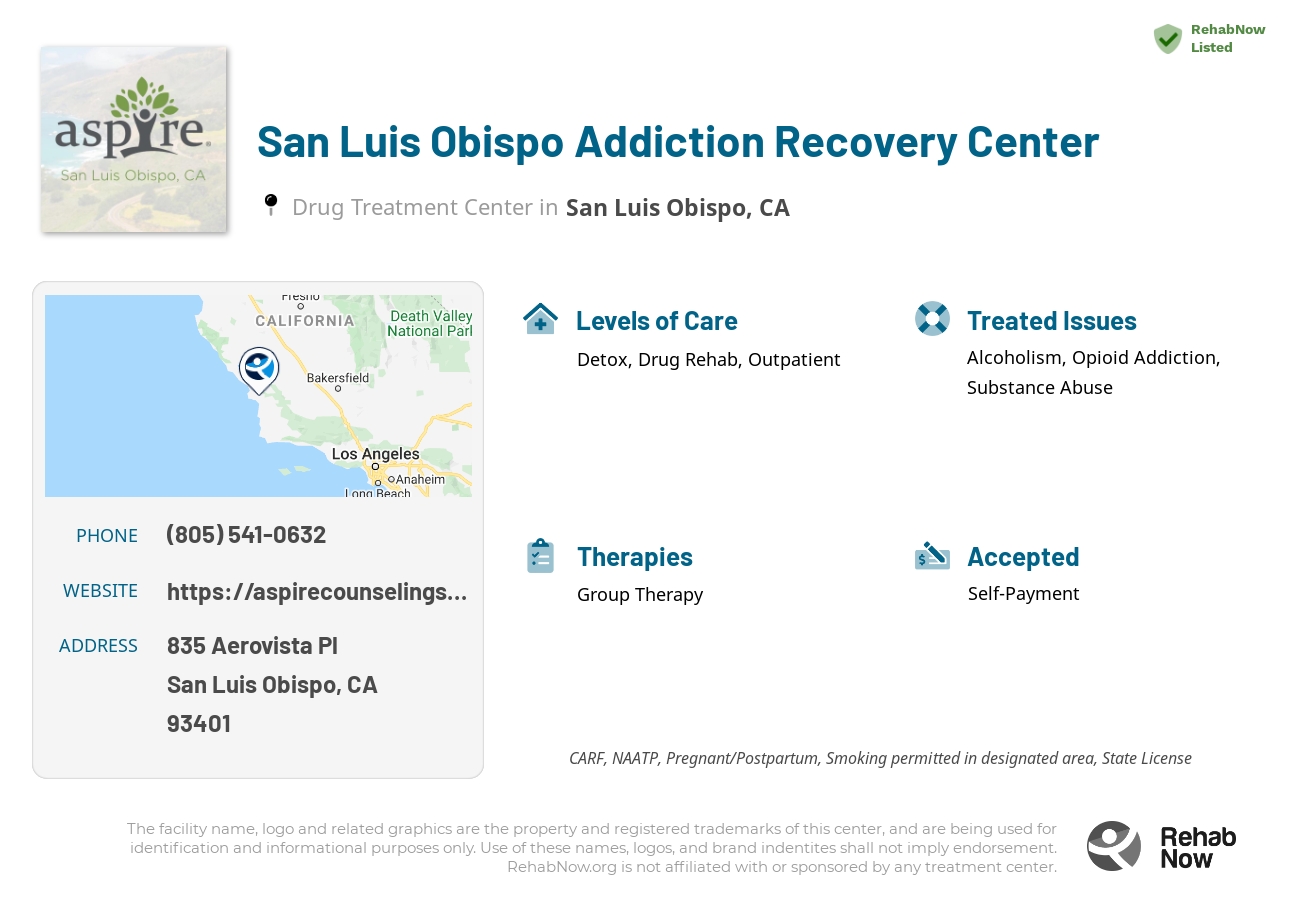 Helpful reference information for San Luis Obispo Addiction Recovery Center, a drug treatment center in California located at: 835 Aerovista Pl, San Luis Obispo, CA 93401, including phone numbers, official website, and more. Listed briefly is an overview of Levels of Care, Therapies Offered, Issues Treated, and accepted forms of Payment Methods.