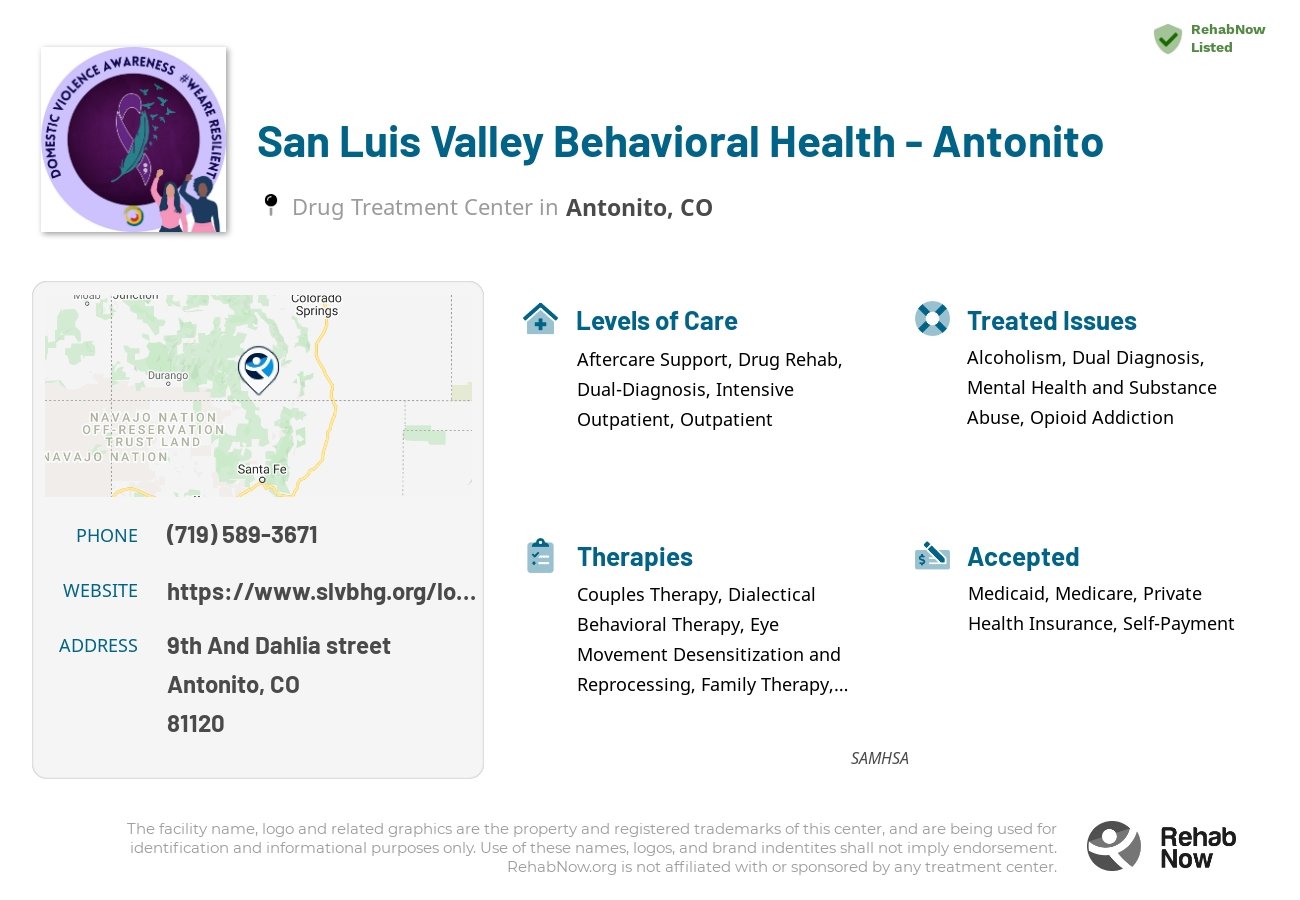 Helpful reference information for San Luis Valley Behavioral Health - Antonito, a drug treatment center in Colorado located at: 9th And Dahlia street, Antonito, CO, 81120, including phone numbers, official website, and more. Listed briefly is an overview of Levels of Care, Therapies Offered, Issues Treated, and accepted forms of Payment Methods.