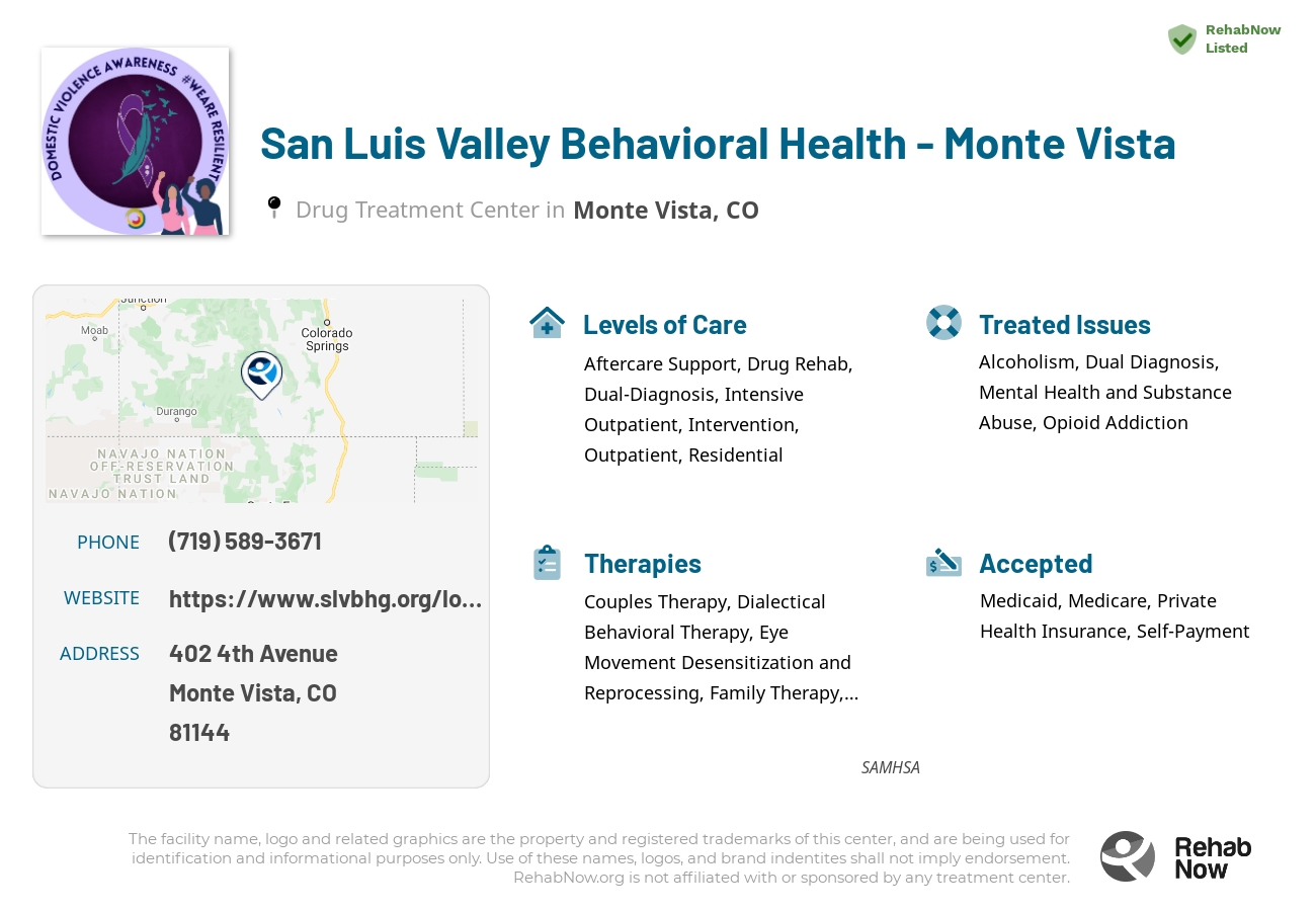 Helpful reference information for San Luis Valley Behavioral Health - Monte Vista, a drug treatment center in Colorado located at: 402 4th Avenue, Monte Vista, CO, 81144, including phone numbers, official website, and more. Listed briefly is an overview of Levels of Care, Therapies Offered, Issues Treated, and accepted forms of Payment Methods.