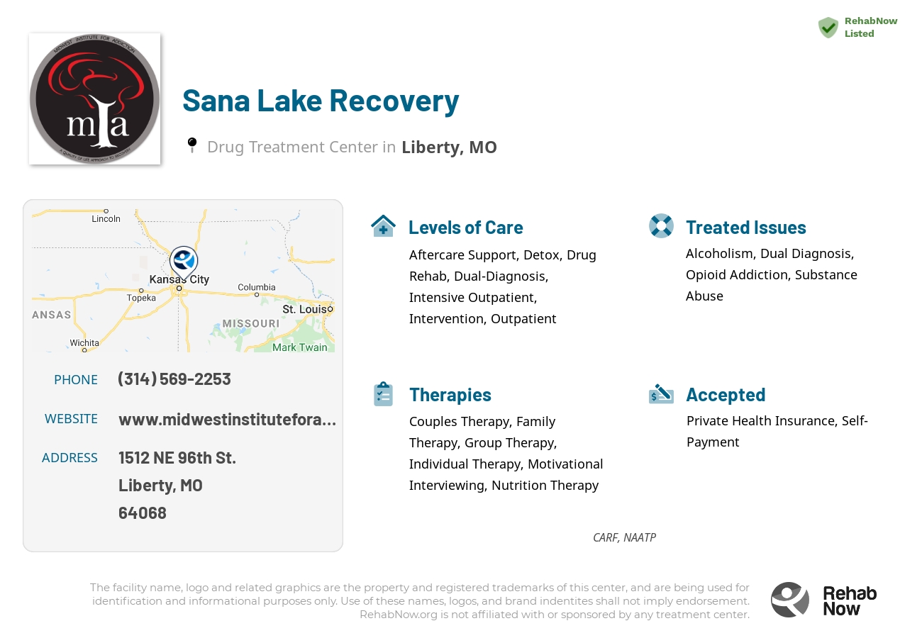 Helpful reference information for Sana Lake Recovery, a drug treatment center in Missouri located at: 1512 NE 96th St., Liberty, MO, 64068, including phone numbers, official website, and more. Listed briefly is an overview of Levels of Care, Therapies Offered, Issues Treated, and accepted forms of Payment Methods.