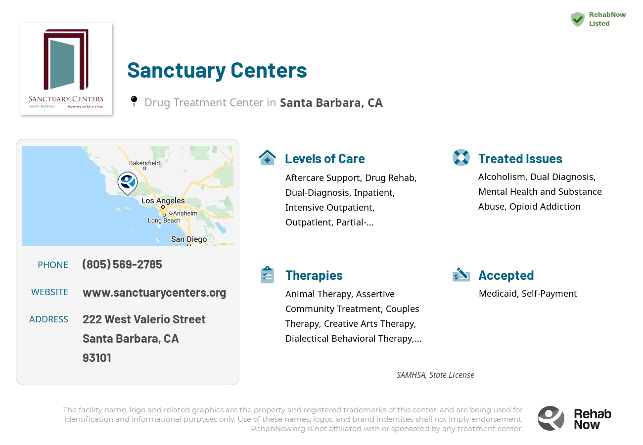Helpful reference information for Sanctuary Centers, a drug treatment center in California located at: 222 West Valerio Street, Santa Barbara, CA, 93101, including phone numbers, official website, and more. Listed briefly is an overview of Levels of Care, Therapies Offered, Issues Treated, and accepted forms of Payment Methods.
