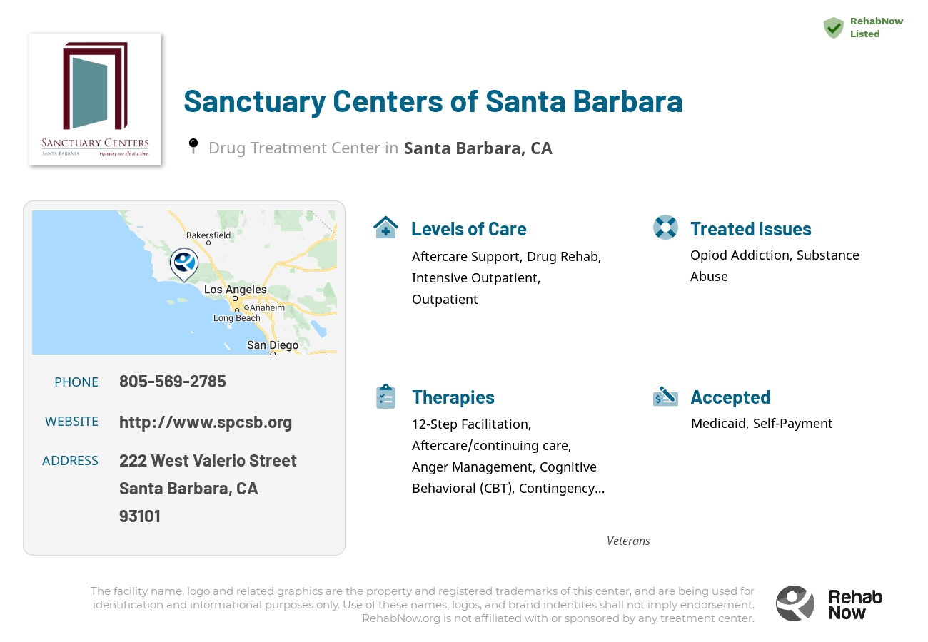 Helpful reference information for Sanctuary Centers of Santa Barbara, a drug treatment center in California located at: 222 West Valerio Street, Santa Barbara, CA 93101, including phone numbers, official website, and more. Listed briefly is an overview of Levels of Care, Therapies Offered, Issues Treated, and accepted forms of Payment Methods.