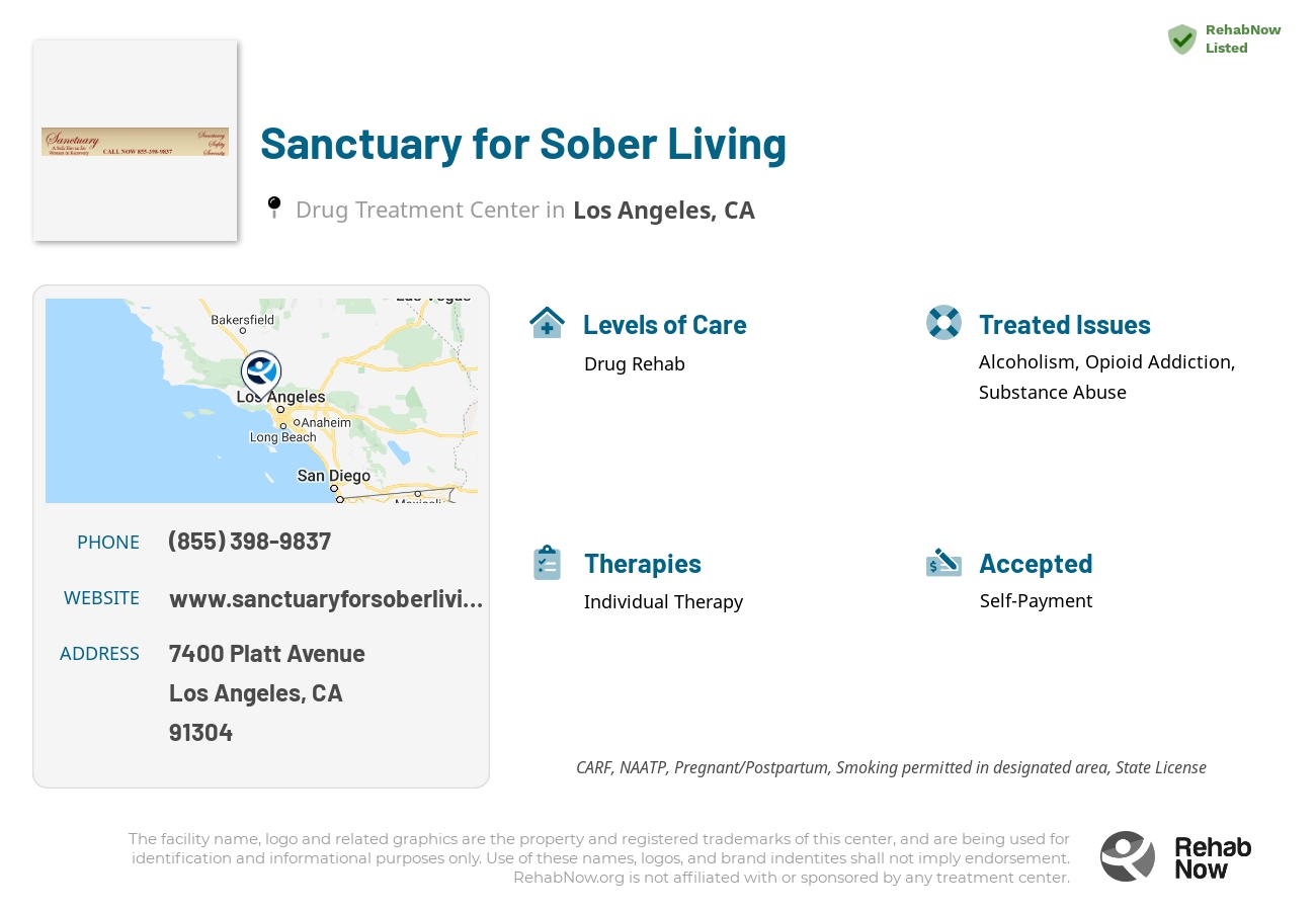 Helpful reference information for Sanctuary for Sober Living, a drug treatment center in California located at: 7400 Platt Avenue, Los Angeles, CA, 91304, including phone numbers, official website, and more. Listed briefly is an overview of Levels of Care, Therapies Offered, Issues Treated, and accepted forms of Payment Methods.