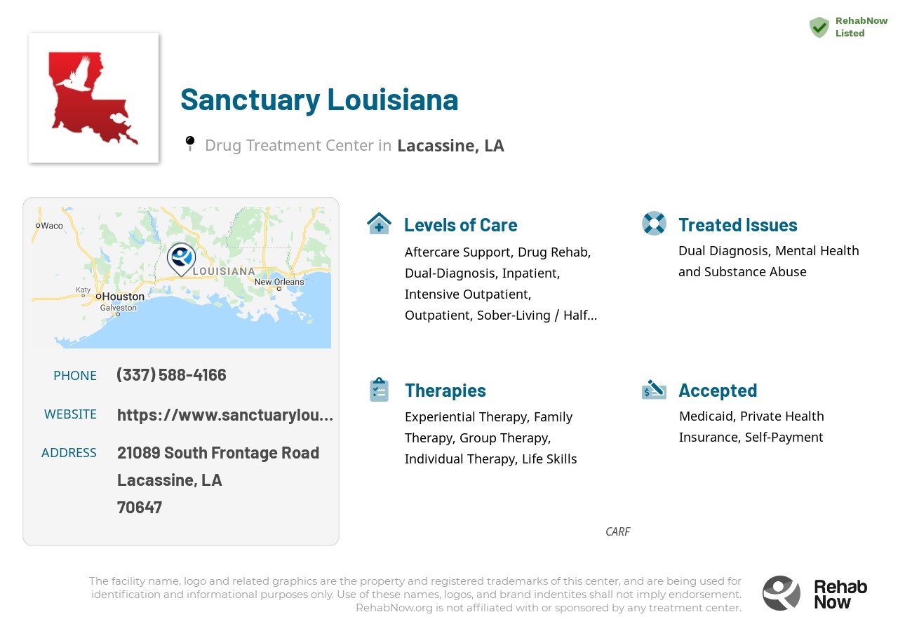 Helpful reference information for Sanctuary Louisiana, a drug treatment center in Louisiana located at: 21089 South Frontage Road, Lacassine, LA 70647, including phone numbers, official website, and more. Listed briefly is an overview of Levels of Care, Therapies Offered, Issues Treated, and accepted forms of Payment Methods.