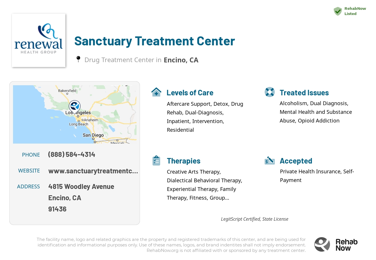 Helpful reference information for Sanctuary Treatment Center, a drug treatment center in California located at: 4815 Woodley Avenue, Encino, CA, 91436, including phone numbers, official website, and more. Listed briefly is an overview of Levels of Care, Therapies Offered, Issues Treated, and accepted forms of Payment Methods.