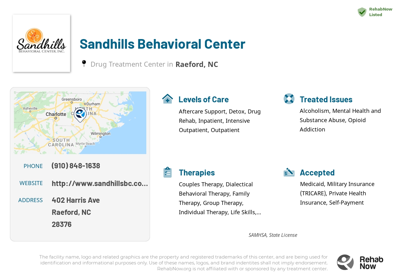 Helpful reference information for Sandhills Behavioral Center, a drug treatment center in North Carolina located at: 402 Harris Ave, Raeford, NC 28376, including phone numbers, official website, and more. Listed briefly is an overview of Levels of Care, Therapies Offered, Issues Treated, and accepted forms of Payment Methods.