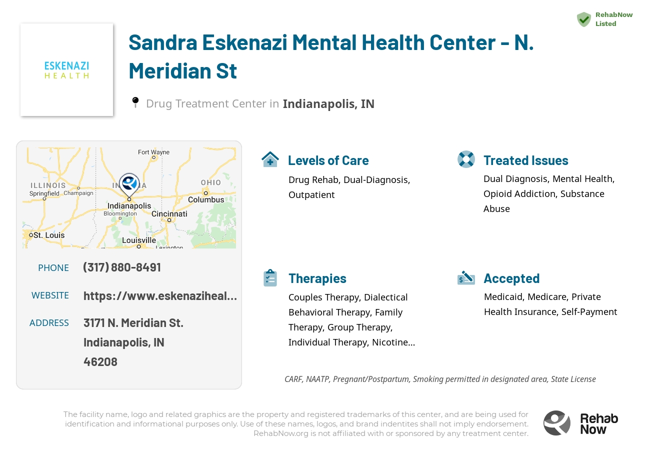 Helpful reference information for Sandra Eskenazi Mental Health Center - N. Meridian St, a drug treatment center in Indiana located at: 3171 N. Meridian St., Indianapolis, IN, 46208, including phone numbers, official website, and more. Listed briefly is an overview of Levels of Care, Therapies Offered, Issues Treated, and accepted forms of Payment Methods.