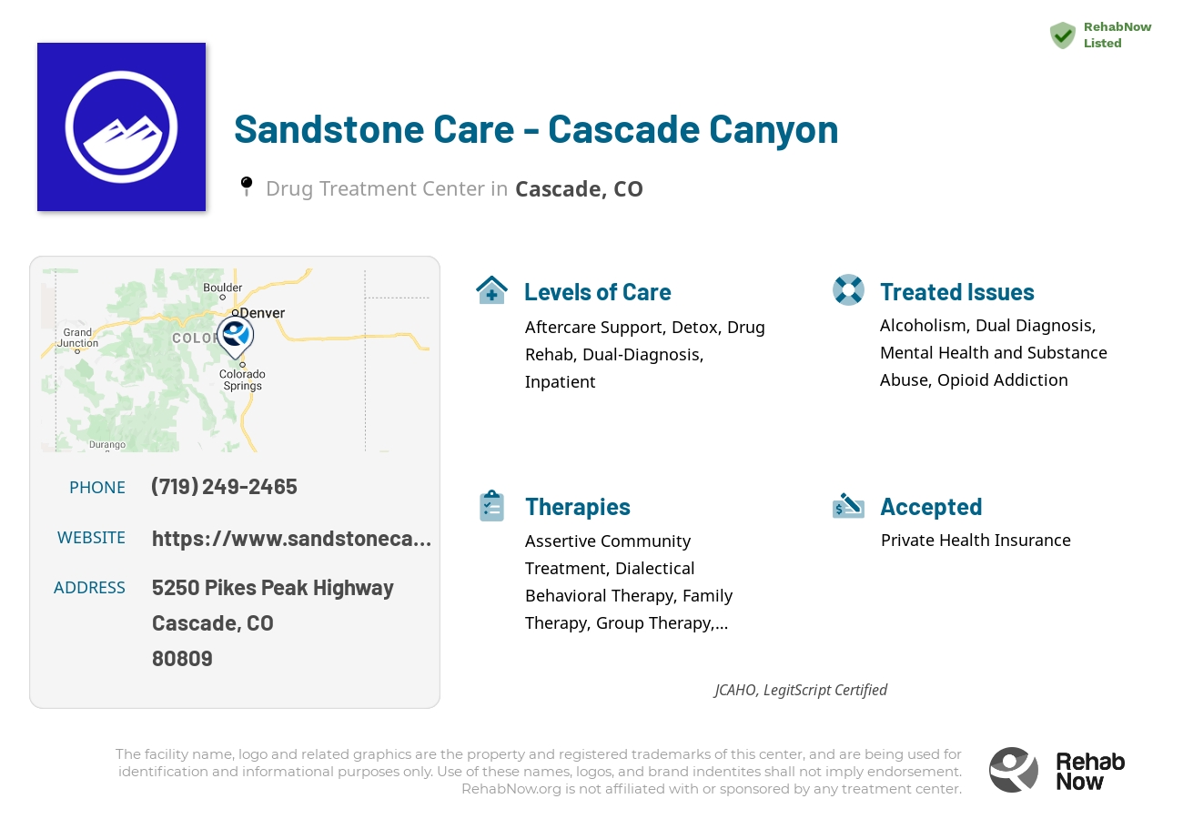 Helpful reference information for Sandstone Care - Cascade Canyon, a drug treatment center in Colorado located at: 5250 Pikes Peak Highway, Cascade, CO, 80809, including phone numbers, official website, and more. Listed briefly is an overview of Levels of Care, Therapies Offered, Issues Treated, and accepted forms of Payment Methods.