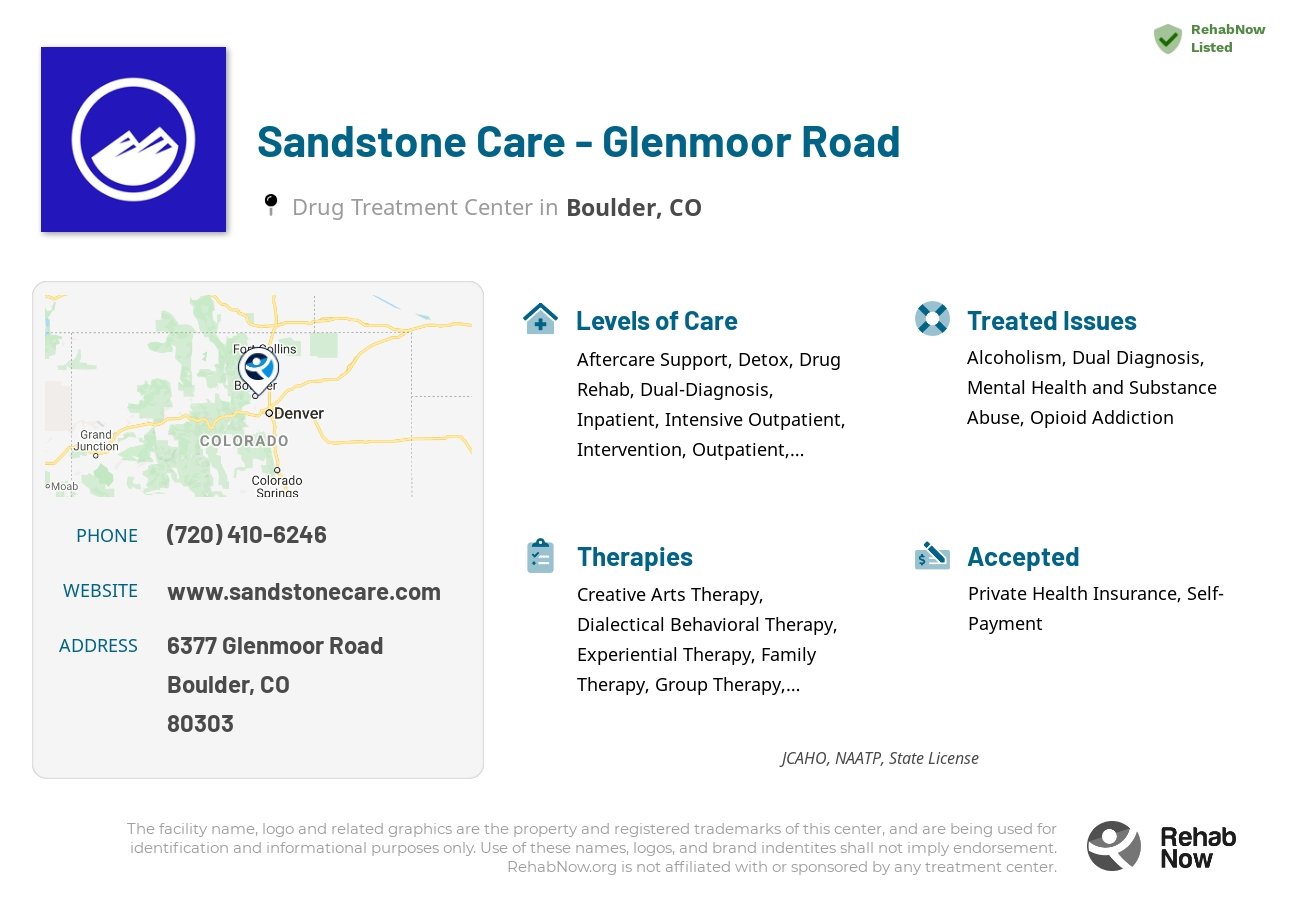 Helpful reference information for Sandstone Care - Glenmoor Road, a drug treatment center in Colorado located at: 6377 Glenmoor Road, Boulder, CO, 80303, including phone numbers, official website, and more. Listed briefly is an overview of Levels of Care, Therapies Offered, Issues Treated, and accepted forms of Payment Methods.