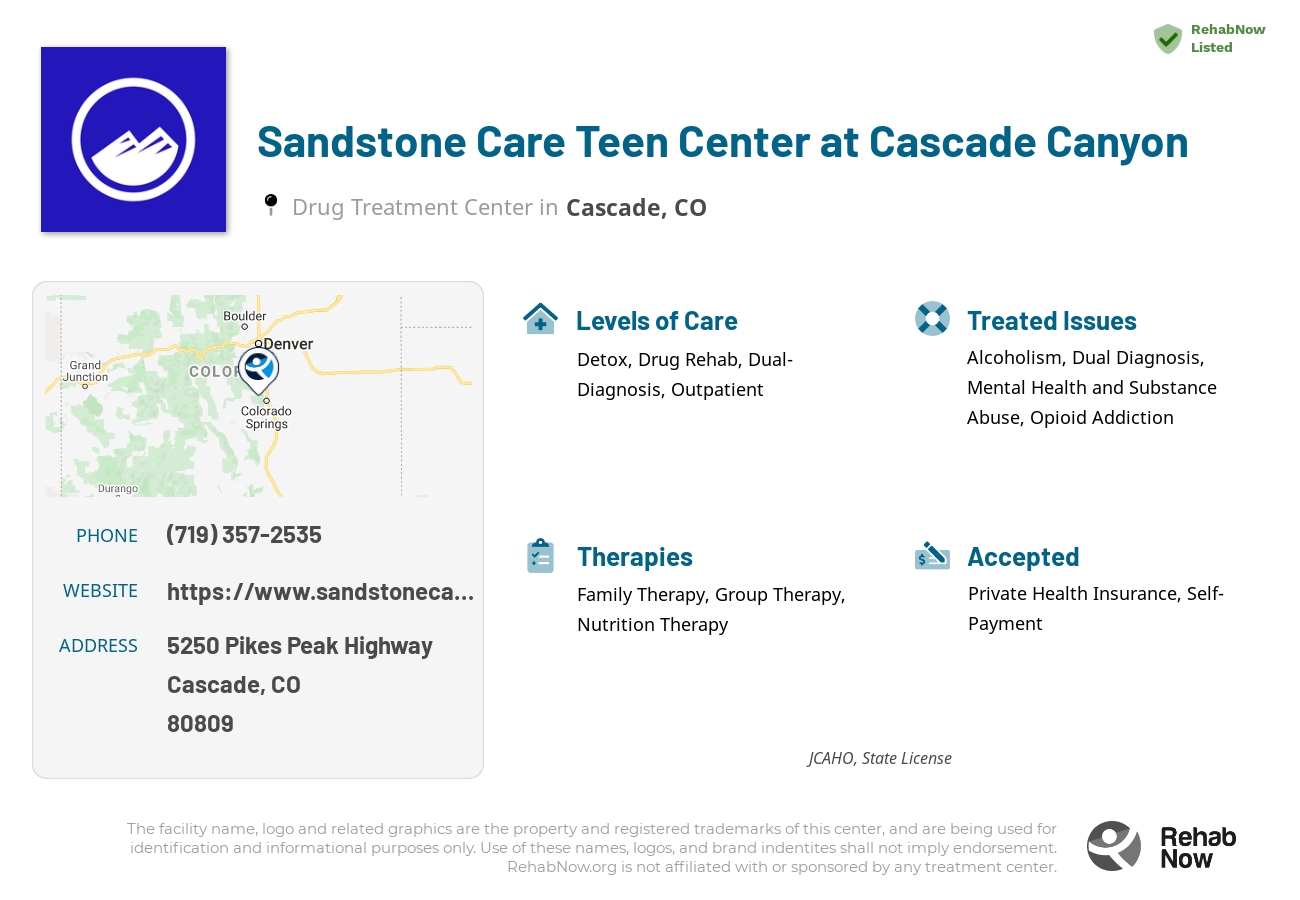 Helpful reference information for Sandstone Care Teen Center at Cascade Canyon, a drug treatment center in Colorado located at: 5250 Pikes Peak Highway, Cascade, CO, 80809, including phone numbers, official website, and more. Listed briefly is an overview of Levels of Care, Therapies Offered, Issues Treated, and accepted forms of Payment Methods.