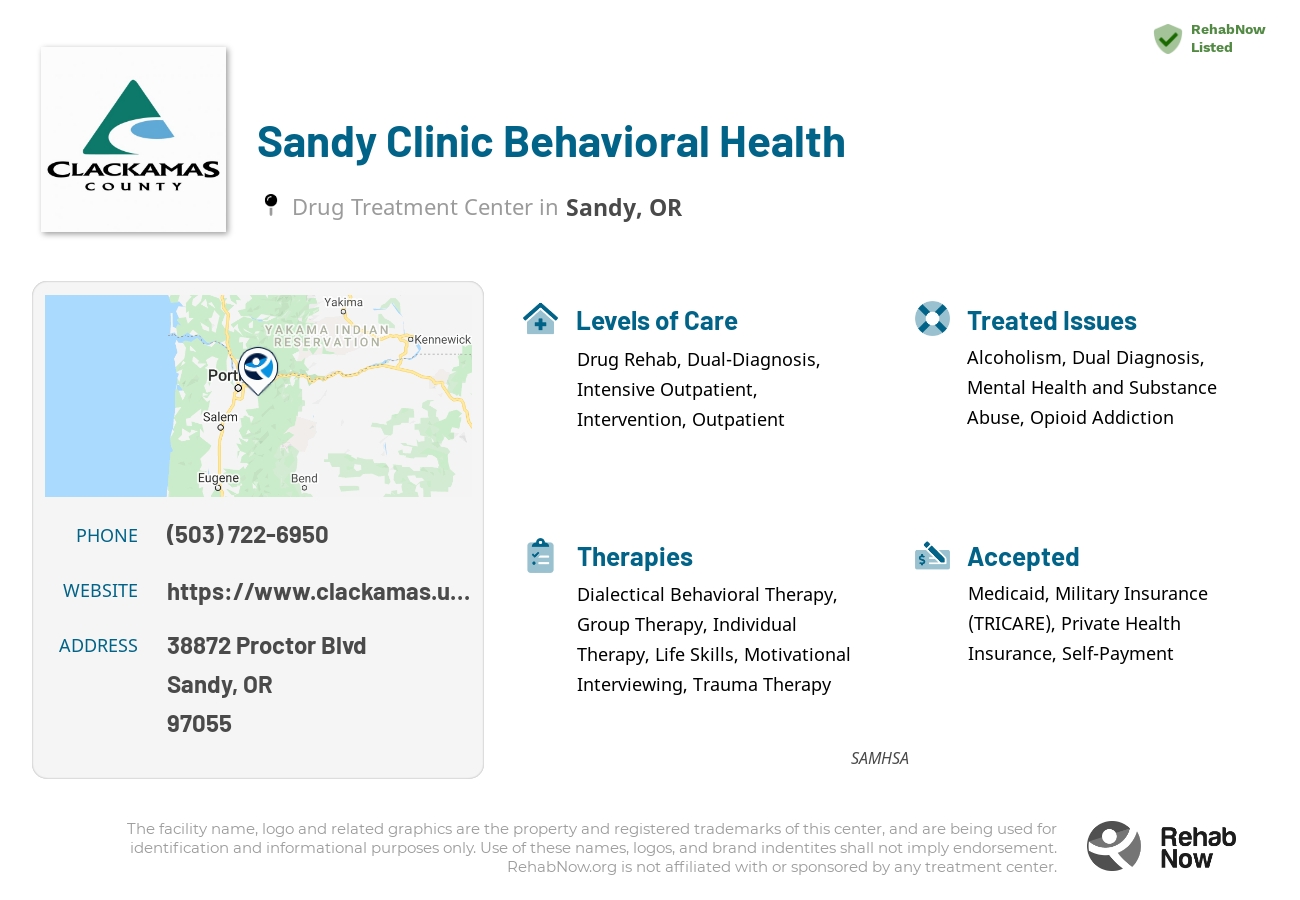 Helpful reference information for Sandy Clinic Behavioral Health, a drug treatment center in Oregon located at: 38872 Proctor Blvd, Sandy, OR 97055, including phone numbers, official website, and more. Listed briefly is an overview of Levels of Care, Therapies Offered, Issues Treated, and accepted forms of Payment Methods.