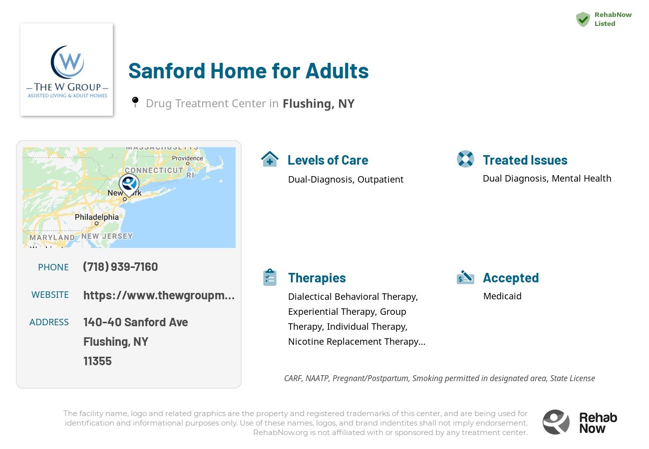 Helpful reference information for Sanford Home for Adults, a drug treatment center in New York located at: 140-40 Sanford Ave, Flushing, NY 11355, including phone numbers, official website, and more. Listed briefly is an overview of Levels of Care, Therapies Offered, Issues Treated, and accepted forms of Payment Methods.