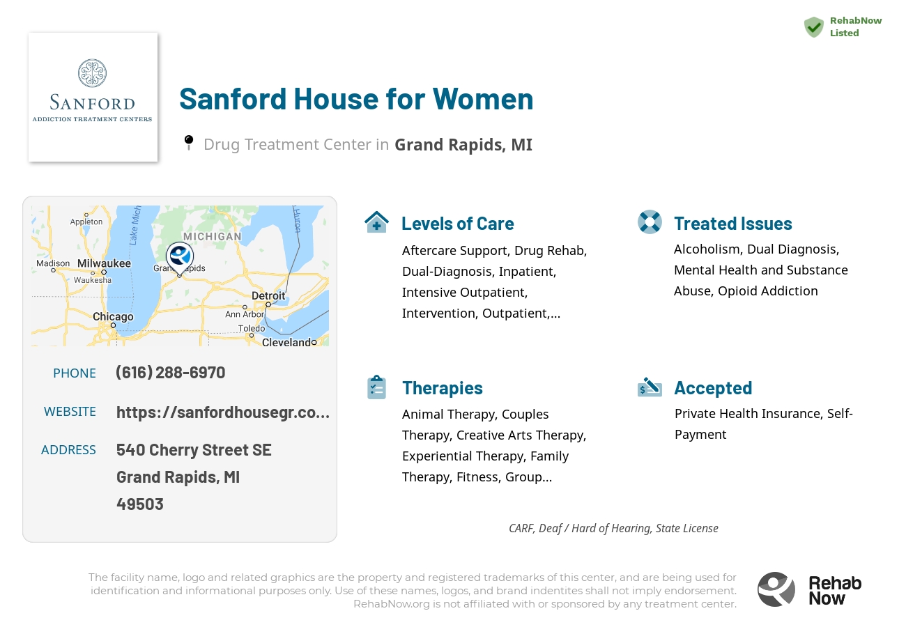 Helpful reference information for Sanford House for Women, a drug treatment center in Michigan located at: 540 Cherry Street SE, Grand Rapids, MI, 49503, including phone numbers, official website, and more. Listed briefly is an overview of Levels of Care, Therapies Offered, Issues Treated, and accepted forms of Payment Methods.