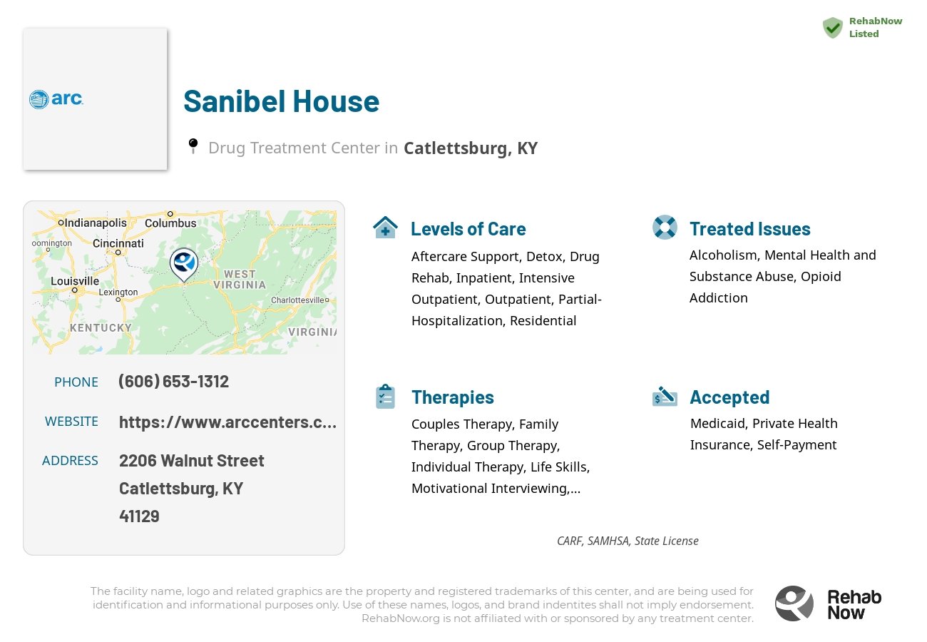 Helpful reference information for Sanibel House, a drug treatment center in Kentucky located at: 2206 Walnut Street, Catlettsburg, KY, 41129, including phone numbers, official website, and more. Listed briefly is an overview of Levels of Care, Therapies Offered, Issues Treated, and accepted forms of Payment Methods.