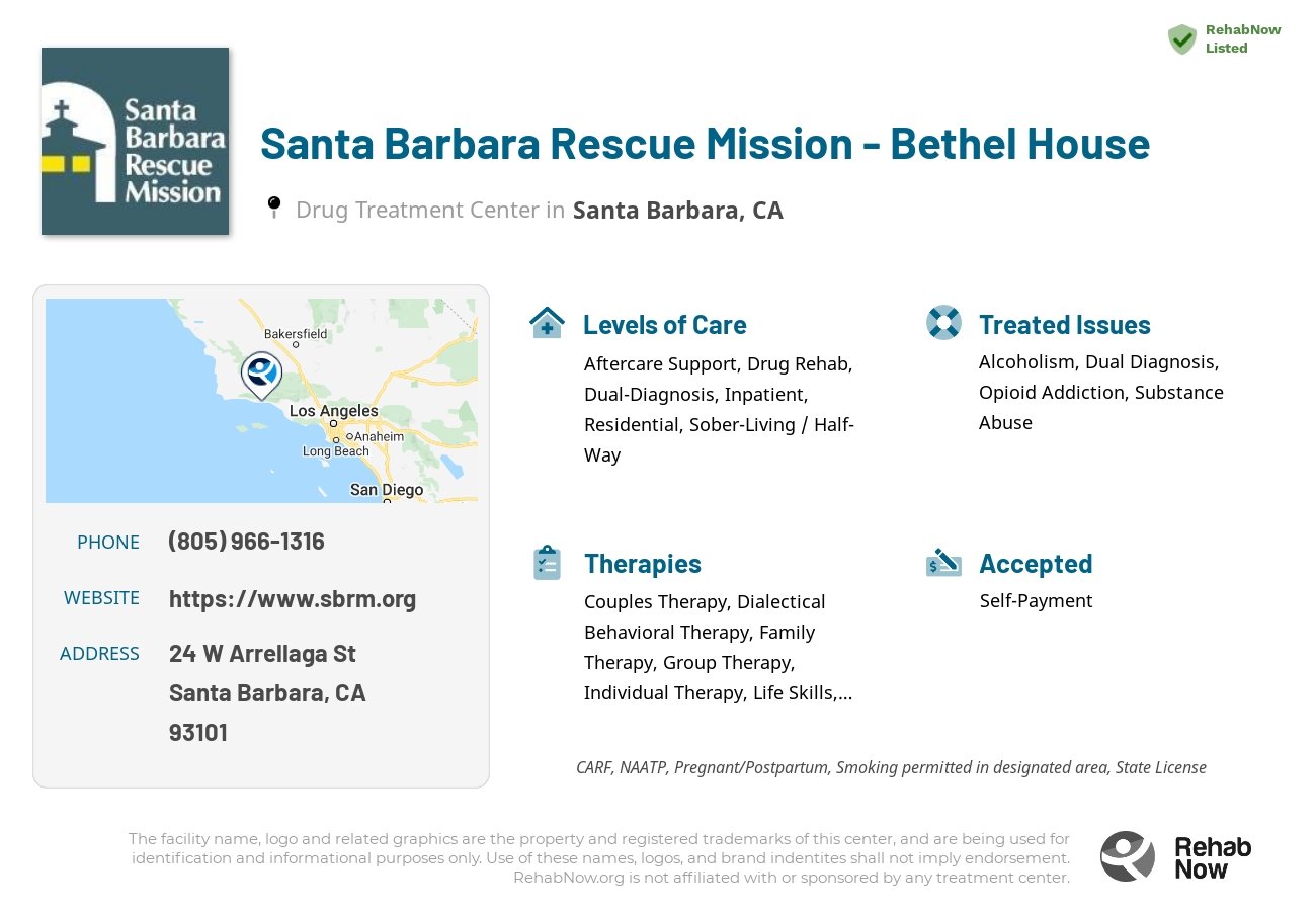 Helpful reference information for Santa Barbara Rescue Mission - Bethel House, a drug treatment center in California located at: 24 W Arrellaga St, Santa Barbara, CA 93101, including phone numbers, official website, and more. Listed briefly is an overview of Levels of Care, Therapies Offered, Issues Treated, and accepted forms of Payment Methods.