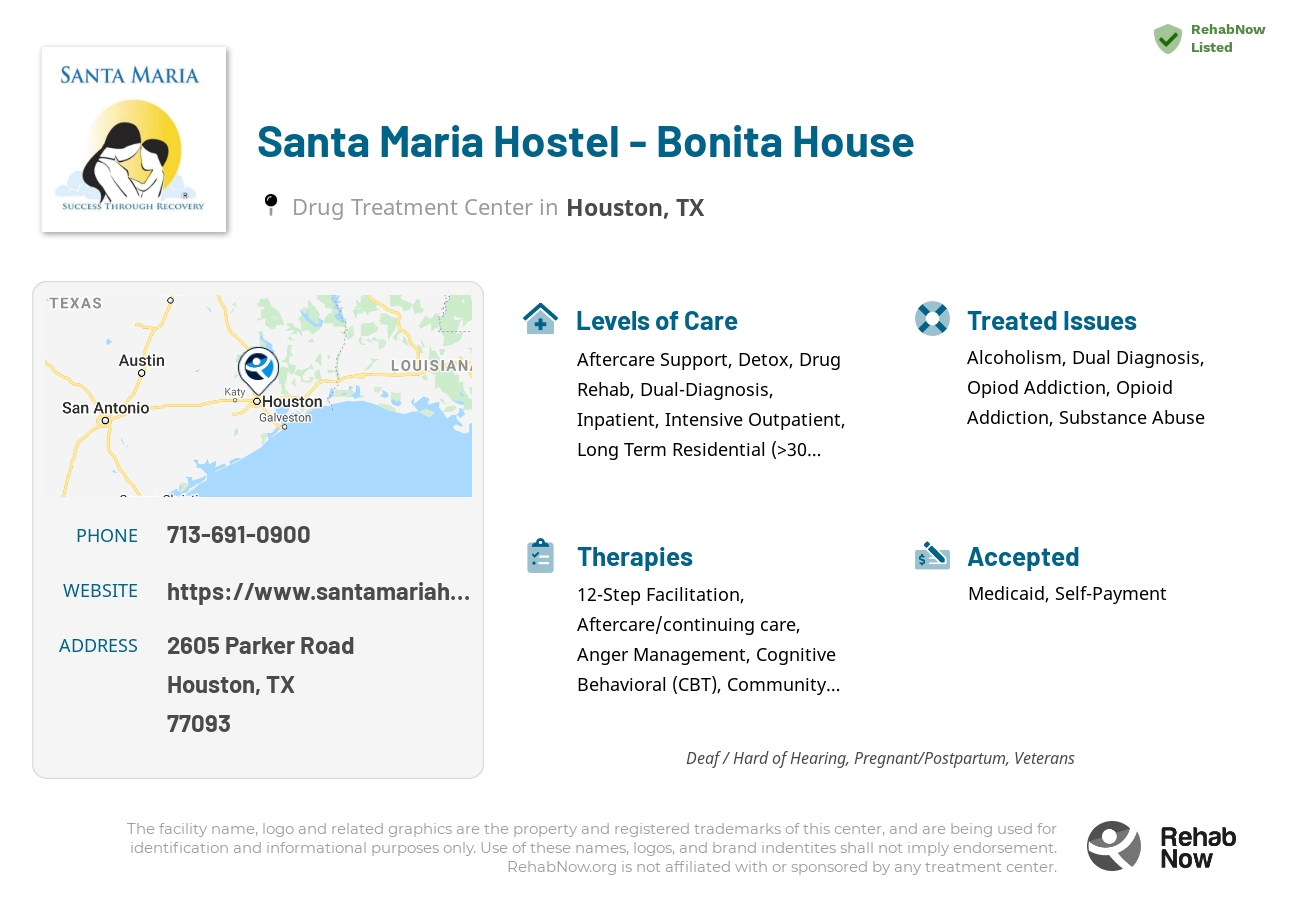 Helpful reference information for Santa Maria Hostel - Bonita House, a drug treatment center in Texas located at: 2605 Parker Road, Houston, TX, 77093, including phone numbers, official website, and more. Listed briefly is an overview of Levels of Care, Therapies Offered, Issues Treated, and accepted forms of Payment Methods.