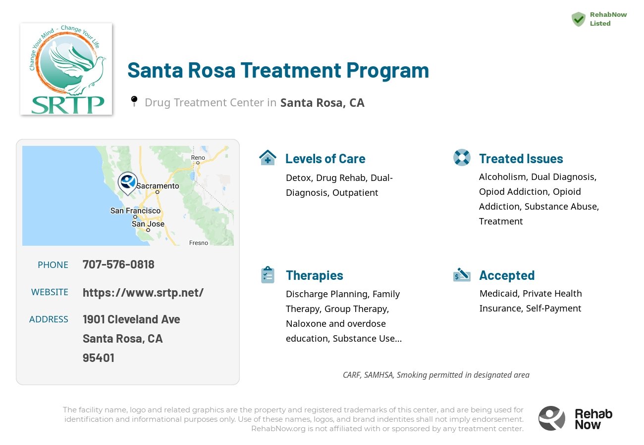 Helpful reference information for Santa Rosa Treatment Program, a drug treatment center in California located at: 1901 Cleveland Ave, Santa Rosa, CA 95401, including phone numbers, official website, and more. Listed briefly is an overview of Levels of Care, Therapies Offered, Issues Treated, and accepted forms of Payment Methods.
