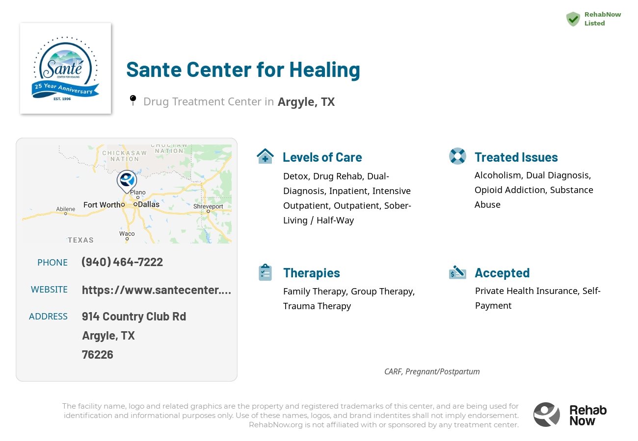 Helpful reference information for Sante Center for Healing, a drug treatment center in Texas located at: 914 Country Club Rd, Argyle, TX 76226, including phone numbers, official website, and more. Listed briefly is an overview of Levels of Care, Therapies Offered, Issues Treated, and accepted forms of Payment Methods.