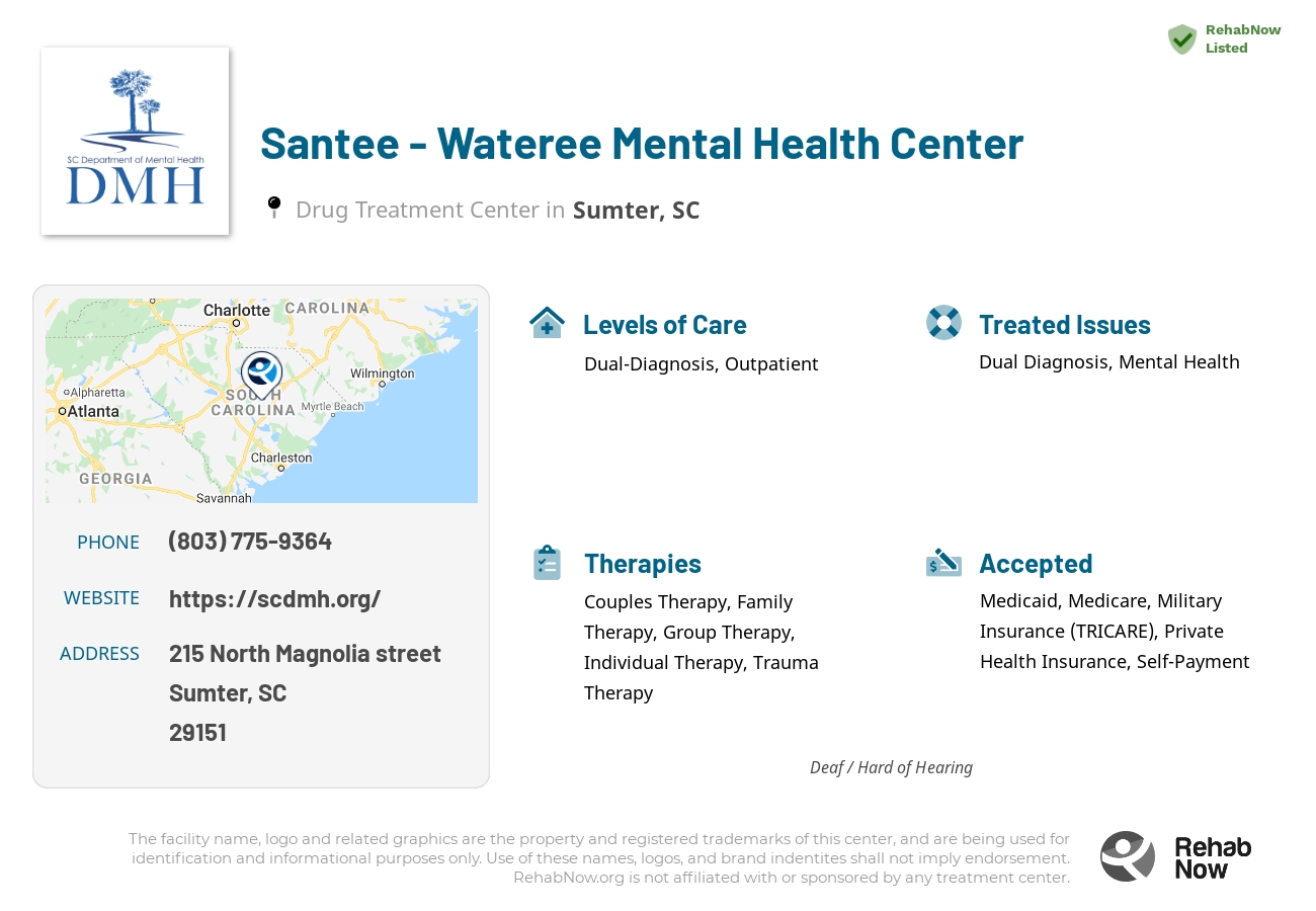 Helpful reference information for Santee - Wateree Mental Health Center, a drug treatment center in South Carolina located at: 215 215 North Magnolia street, Sumter, SC 29151, including phone numbers, official website, and more. Listed briefly is an overview of Levels of Care, Therapies Offered, Issues Treated, and accepted forms of Payment Methods.