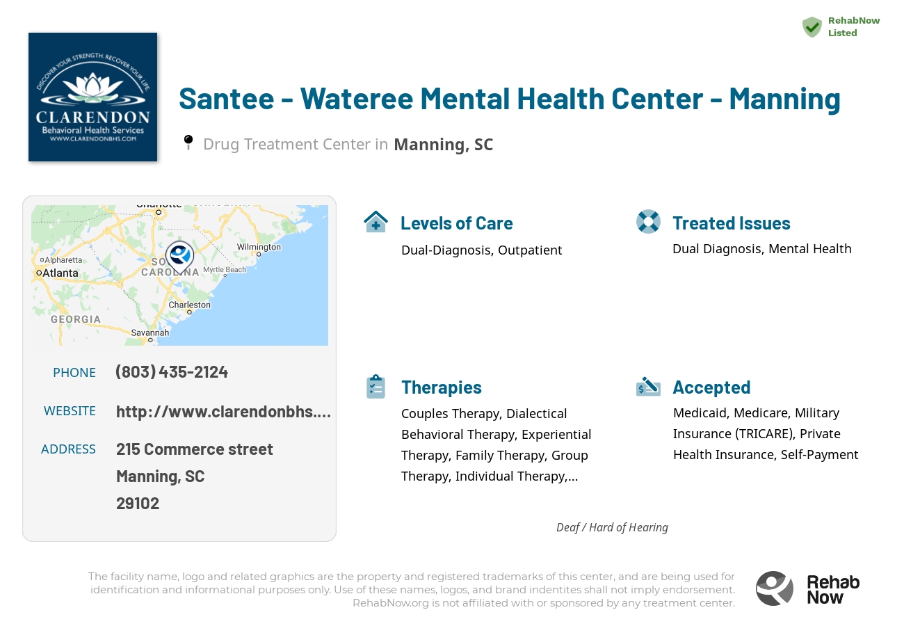 Helpful reference information for Santee - Wateree Mental Health Center - Manning, a drug treatment center in South Carolina located at: 215 215 Commerce street, Manning, SC 29102, including phone numbers, official website, and more. Listed briefly is an overview of Levels of Care, Therapies Offered, Issues Treated, and accepted forms of Payment Methods.