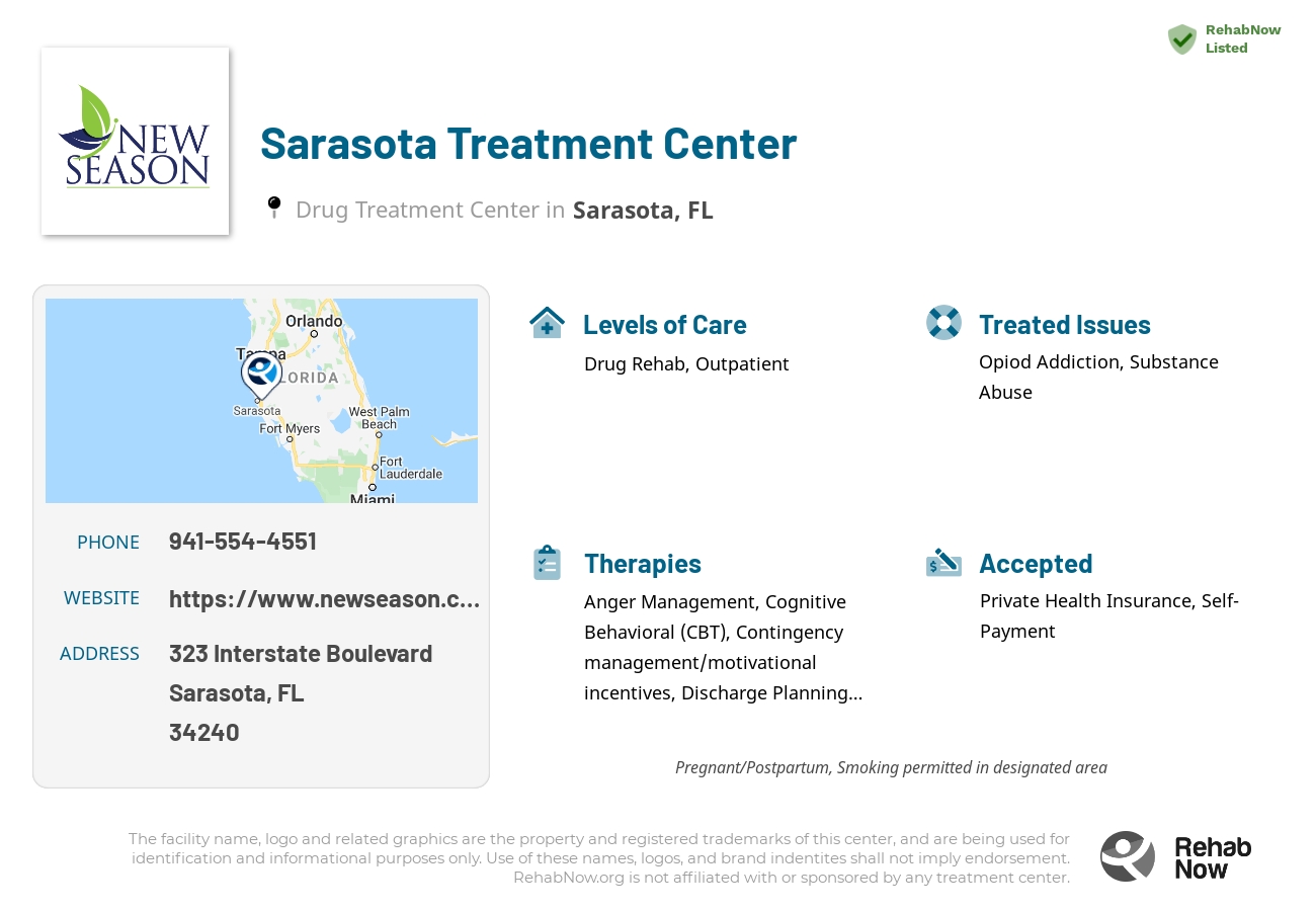 Helpful reference information for Sarasota Treatment Center, a drug treatment center in Florida located at: 323 Interstate Boulevard, Sarasota, FL 34240, including phone numbers, official website, and more. Listed briefly is an overview of Levels of Care, Therapies Offered, Issues Treated, and accepted forms of Payment Methods.