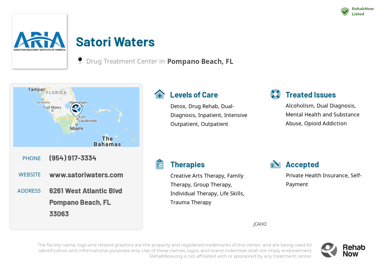 Helpful reference information for Satori Waters, a drug treatment center in Florida located at: 6261 West Atlantic Blvd, Pompano Beach, FL, 33063, including phone numbers, official website, and more. Listed briefly is an overview of Levels of Care, Therapies Offered, Issues Treated, and accepted forms of Payment Methods.