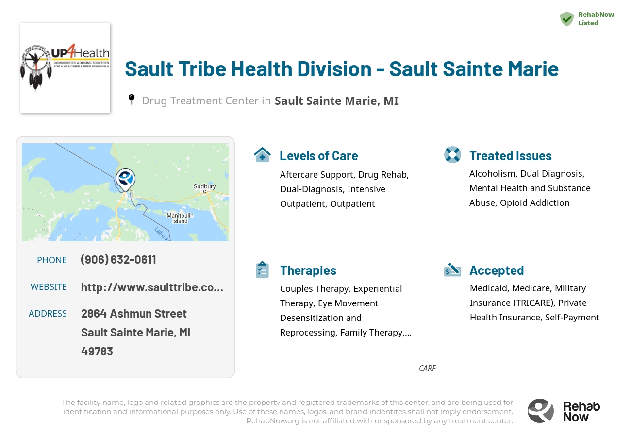 Helpful reference information for Sault Tribe Health Division - Sault Sainte Marie, a drug treatment center in Michigan located at: 2864 Ashmun Street, Sault Sainte Marie, MI, 49783, including phone numbers, official website, and more. Listed briefly is an overview of Levels of Care, Therapies Offered, Issues Treated, and accepted forms of Payment Methods.
