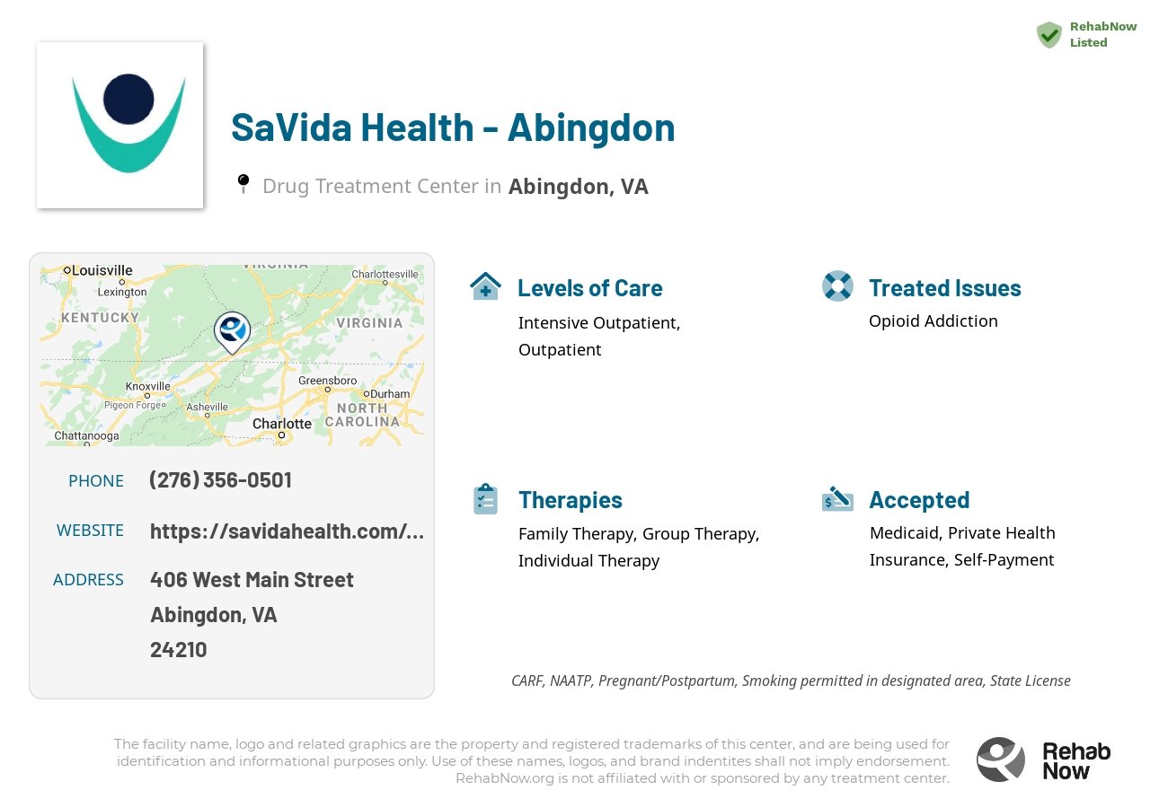 Helpful reference information for SaVida Health - Abingdon, a drug treatment center in Virginia located at: 406 West Main Street, Suite 100, Abingdon, VA, 24210, including phone numbers, official website, and more. Listed briefly is an overview of Levels of Care, Therapies Offered, Issues Treated, and accepted forms of Payment Methods.