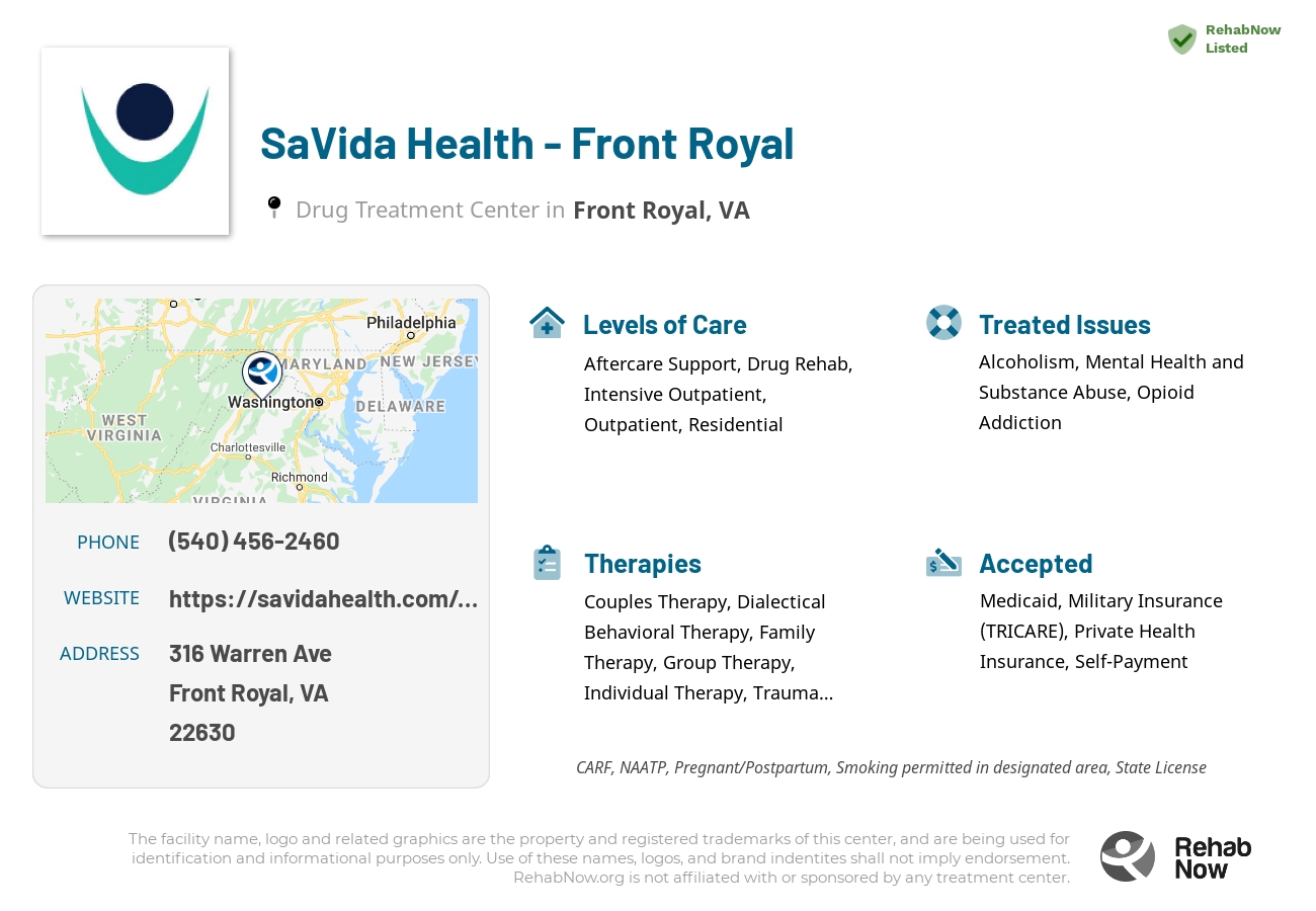 Helpful reference information for SaVida Health - Front Royal, a drug treatment center in Virginia located at: 316 Warren Ave, Front Royal, VA 22630, including phone numbers, official website, and more. Listed briefly is an overview of Levels of Care, Therapies Offered, Issues Treated, and accepted forms of Payment Methods.