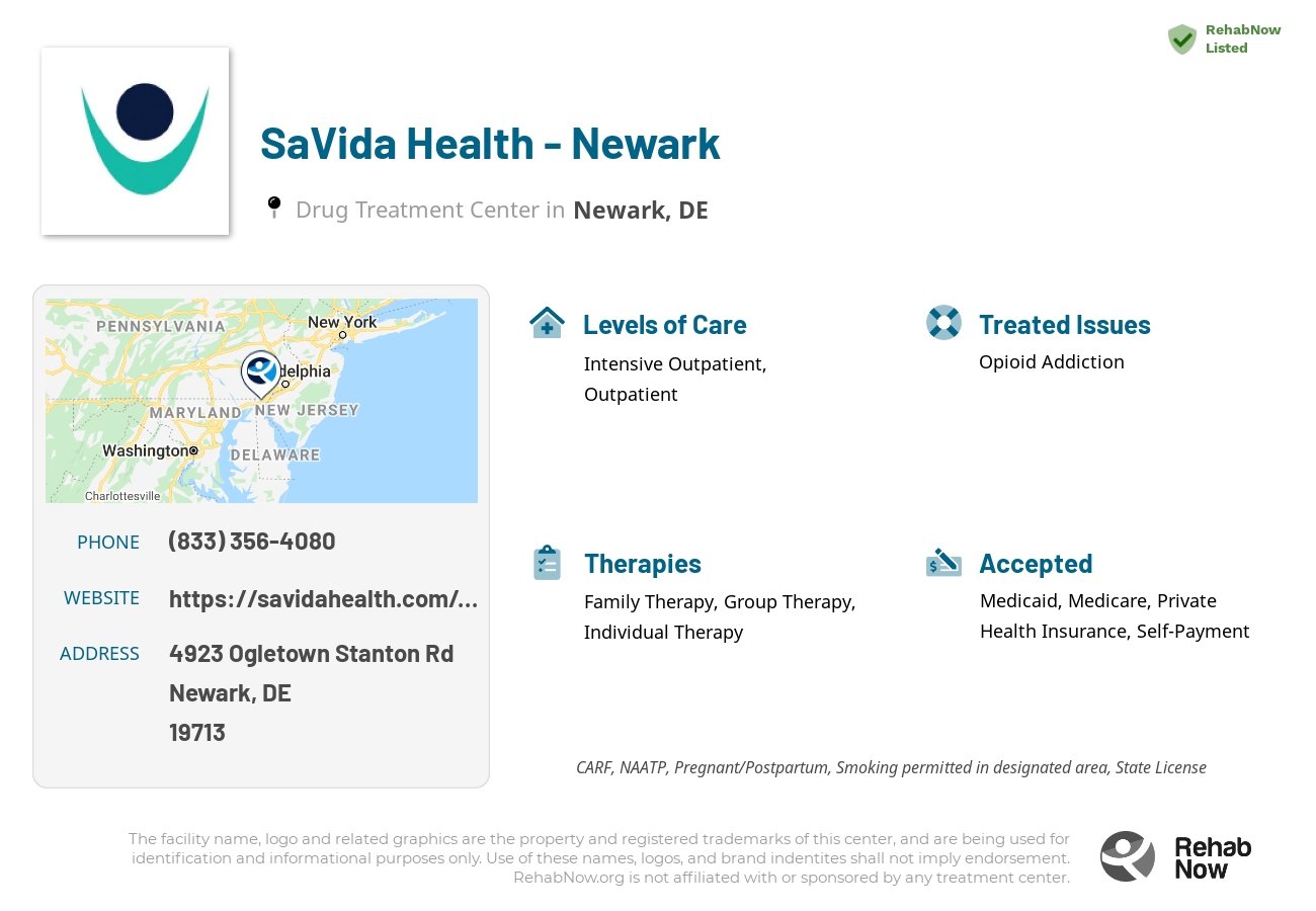 Helpful reference information for SaVida Health - Newark, a drug treatment center in Delaware located at: 4923 Ogletown-Stanton Rd Suite 110, Newark, DE, 19713, including phone numbers, official website, and more. Listed briefly is an overview of Levels of Care, Therapies Offered, Issues Treated, and accepted forms of Payment Methods.
