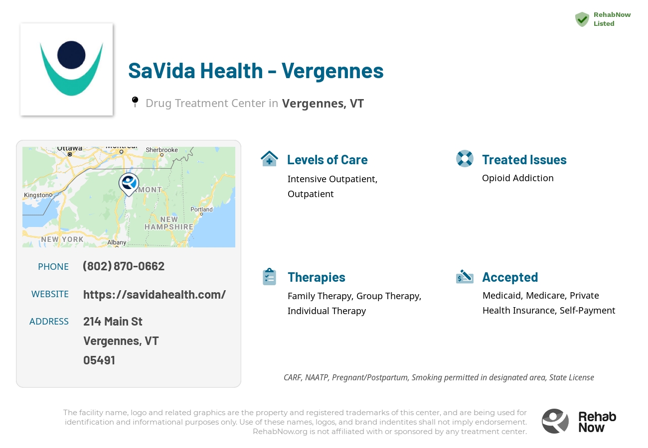 Helpful reference information for SaVida Health - Vergennes, a drug treatment center in Vermont located at: 214 Main St, Vergennes, VT, 05491, including phone numbers, official website, and more. Listed briefly is an overview of Levels of Care, Therapies Offered, Issues Treated, and accepted forms of Payment Methods.
