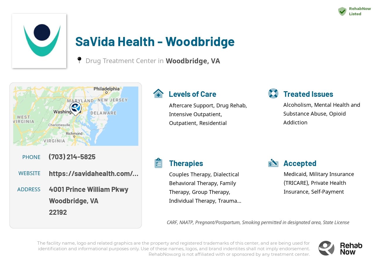 Helpful reference information for SaVida Health - Woodbridge, a drug treatment center in Virginia located at: 4001 Prince William Pkwy, Woodbridge, VA 22192, including phone numbers, official website, and more. Listed briefly is an overview of Levels of Care, Therapies Offered, Issues Treated, and accepted forms of Payment Methods.