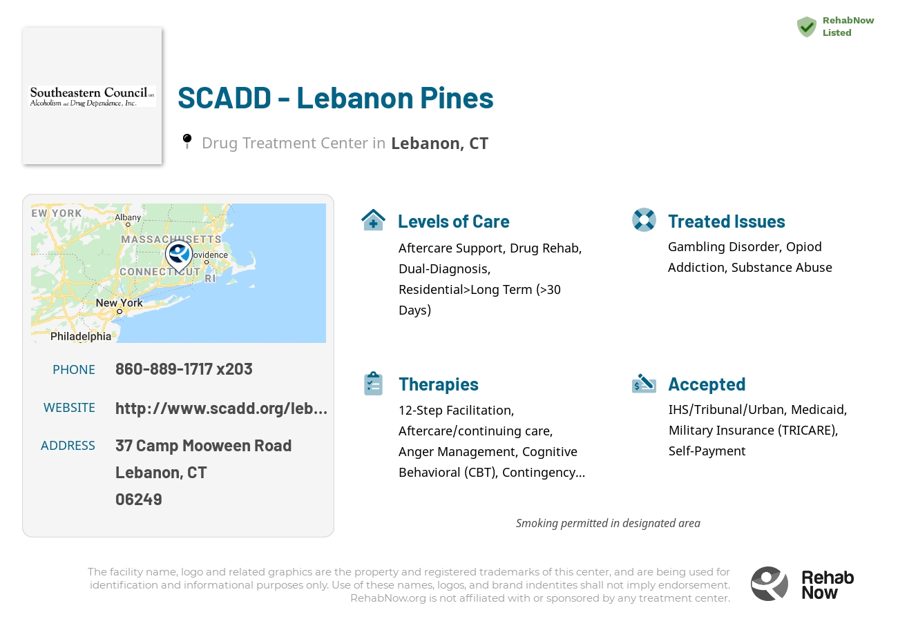 Helpful reference information for SCADD - Lebanon Pines, a drug treatment center in Connecticut located at: 37 Camp Mooween Road, Lebanon, CT 06249, including phone numbers, official website, and more. Listed briefly is an overview of Levels of Care, Therapies Offered, Issues Treated, and accepted forms of Payment Methods.