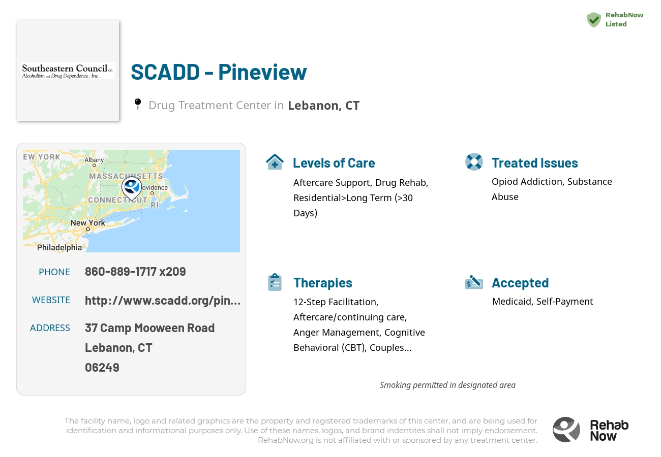 Helpful reference information for SCADD - Pineview, a drug treatment center in Connecticut located at: 37 Camp Mooween Road, Lebanon, CT 06249, including phone numbers, official website, and more. Listed briefly is an overview of Levels of Care, Therapies Offered, Issues Treated, and accepted forms of Payment Methods.