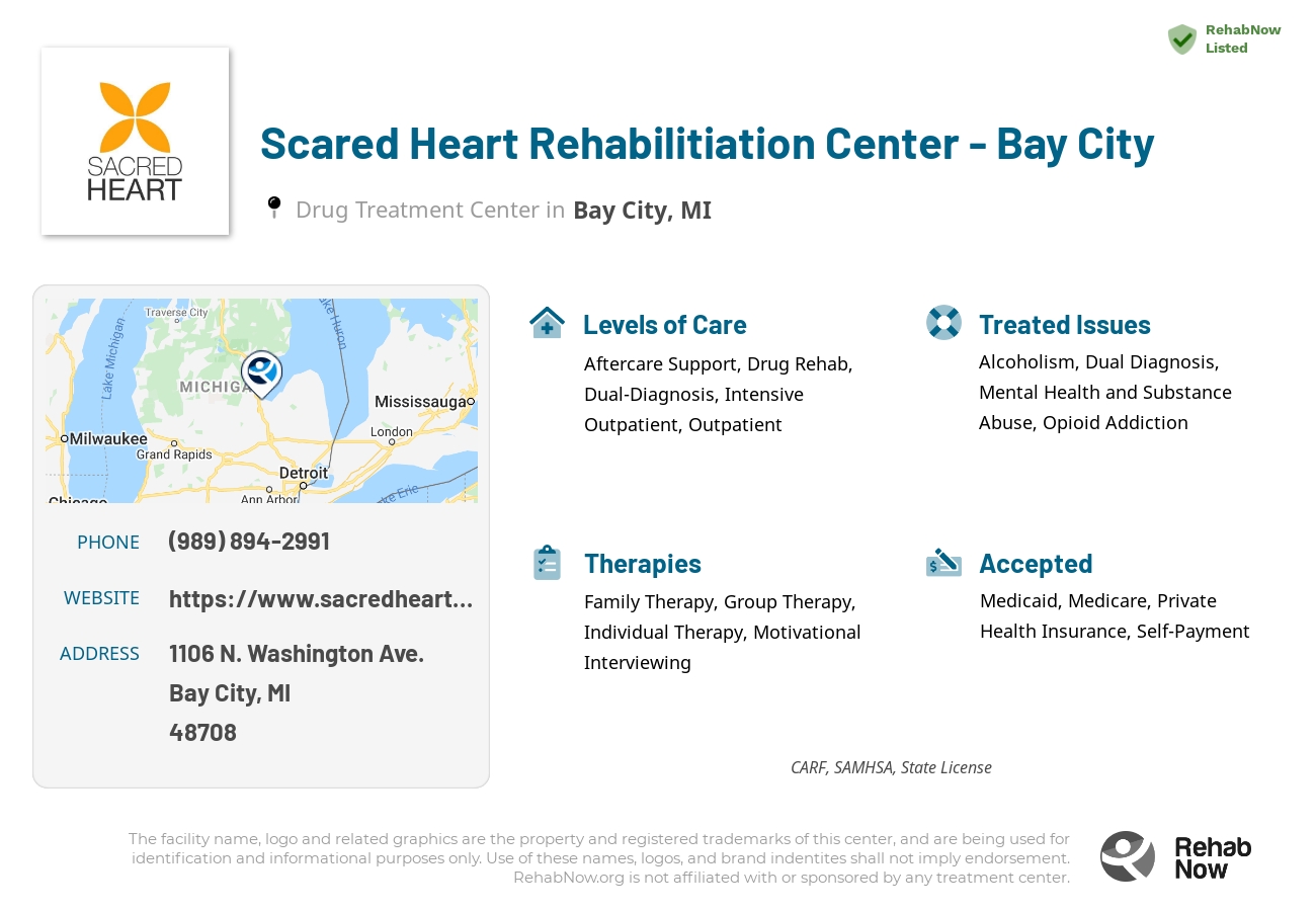 Helpful reference information for Scared Heart Rehabilitiation Center - Bay City, a drug treatment center in Michigan located at: 1106 N. Washington Ave., Bay City, MI, 48708, including phone numbers, official website, and more. Listed briefly is an overview of Levels of Care, Therapies Offered, Issues Treated, and accepted forms of Payment Methods.